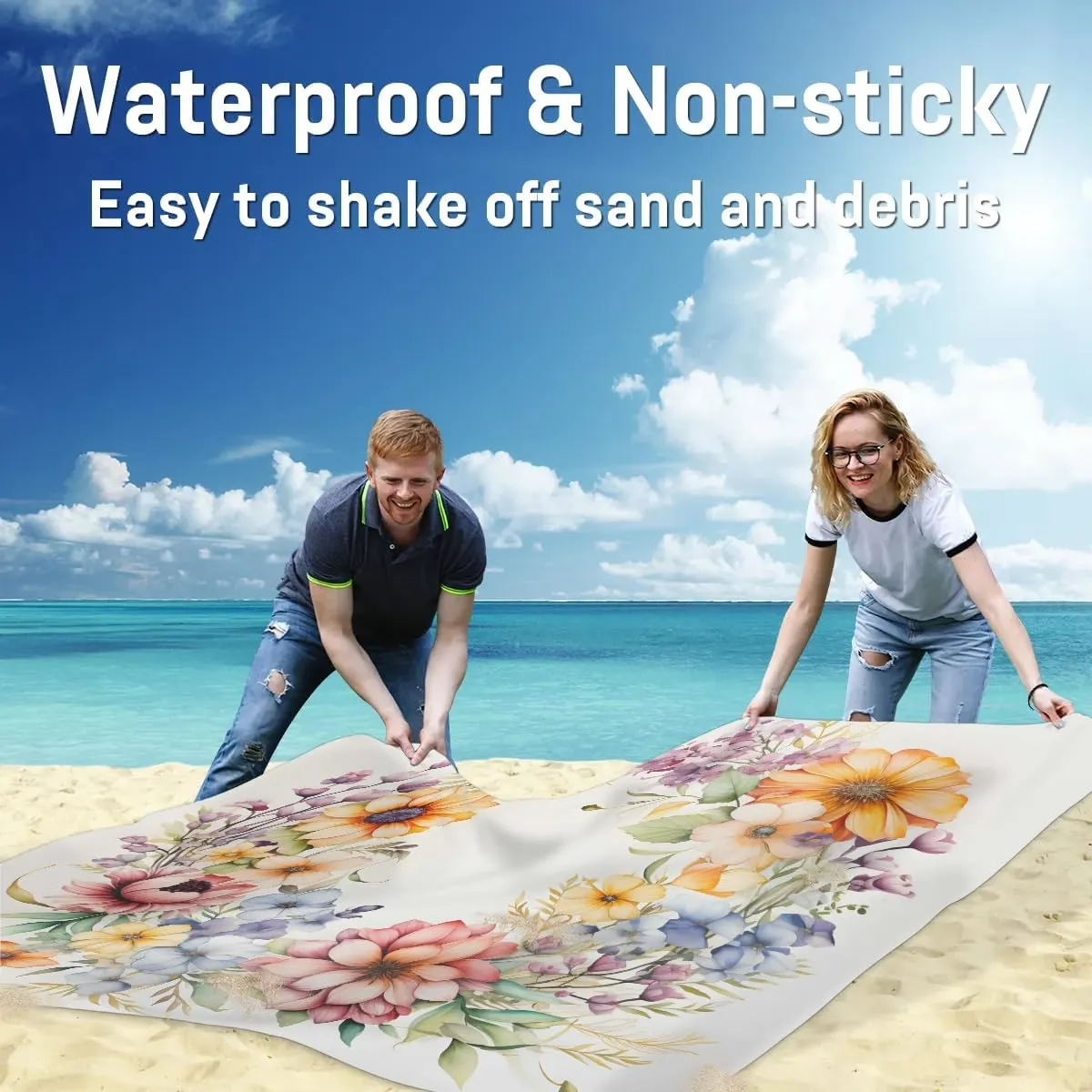 Beach Blanket, Garland Pastel Tones Sandproof Beach Mat, Waterproof Quick Drying Sand Free Mat with 4 x Ground Spikes for Outdoor Travel Camping Hiking, Flower Garland 68 x 59 in