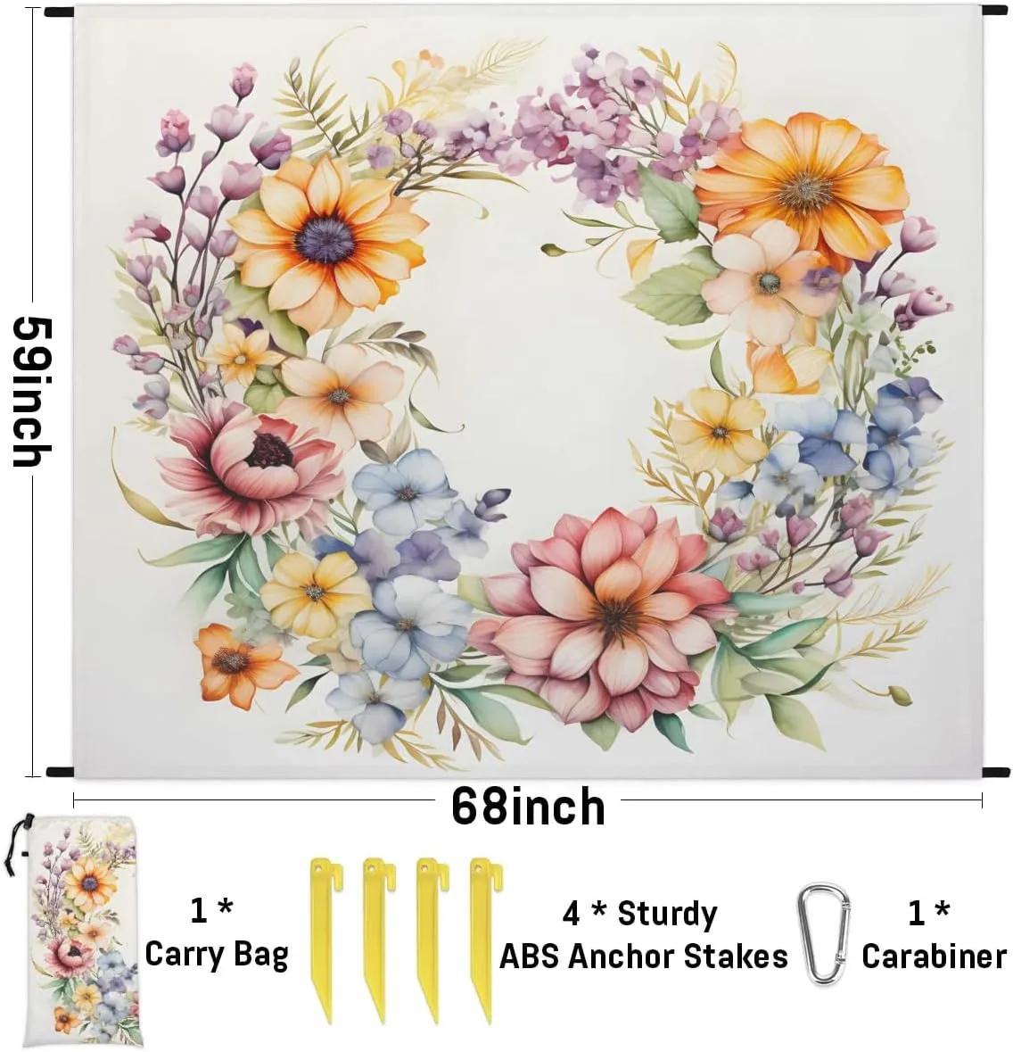Beach Blanket, Garland Pastel Tones Sandproof Beach Mat, Waterproof Quick Drying Sand Free Mat with 4 x Ground Spikes for Outdoor Travel Camping Hiking, Flower Garland 68 x 59 in