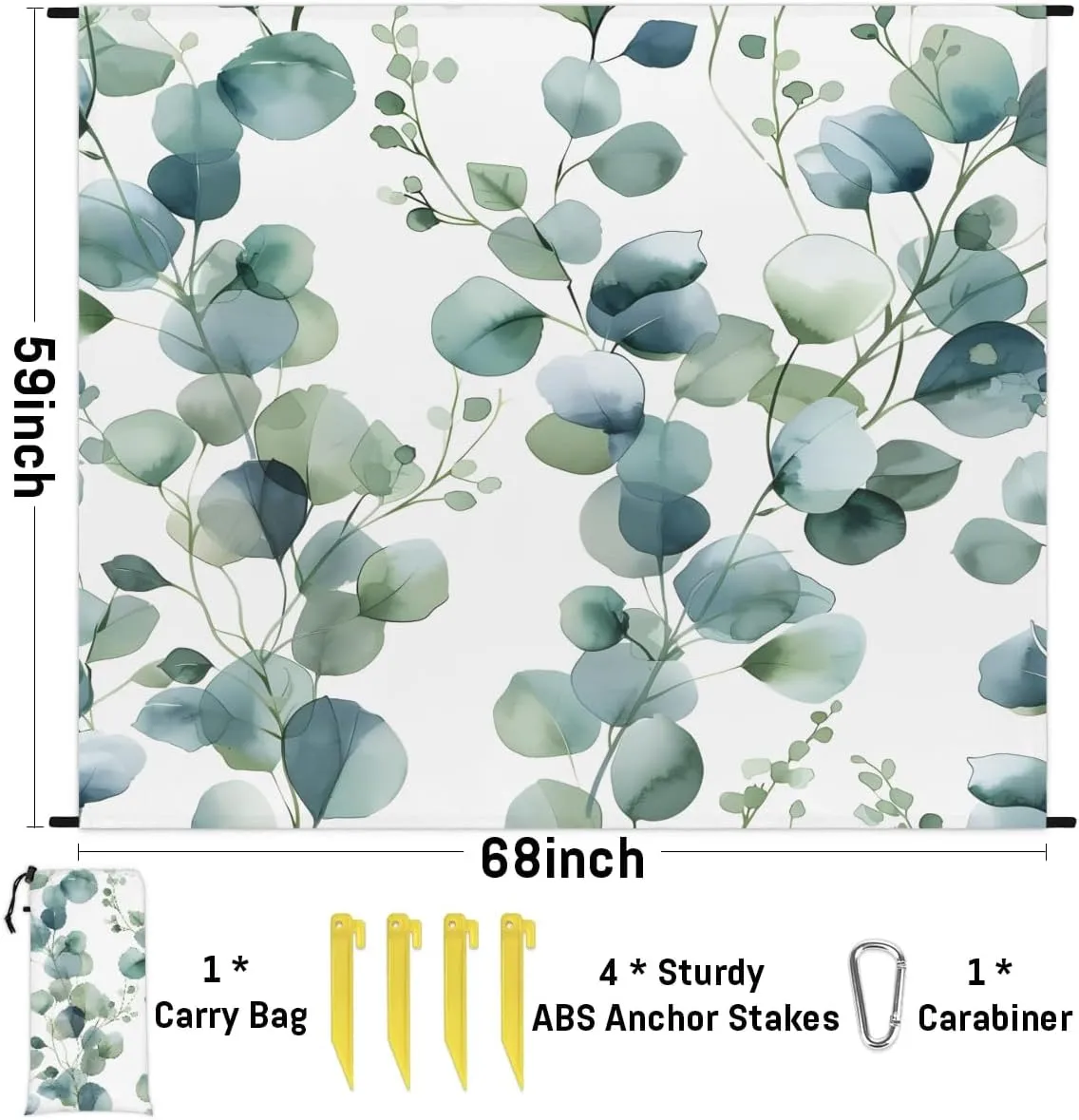 Beach Blanket, Green Leaves Sandproof Beach Mat, Waterproof Quick Drying Sand Free Mat with 4 x Ground Spikes for Outdoor Travel Camping Hiking, Watercolor Eucalyptus Spring 68 x 59 in