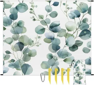 Beach Blanket, Green Leaves Sandproof Beach Mat, Waterproof Quick Drying Sand Free Mat with 4 x Ground Spikes for Outdoor Travel Camping Hiking, Watercolor Eucalyptus Spring 68 x 59 in