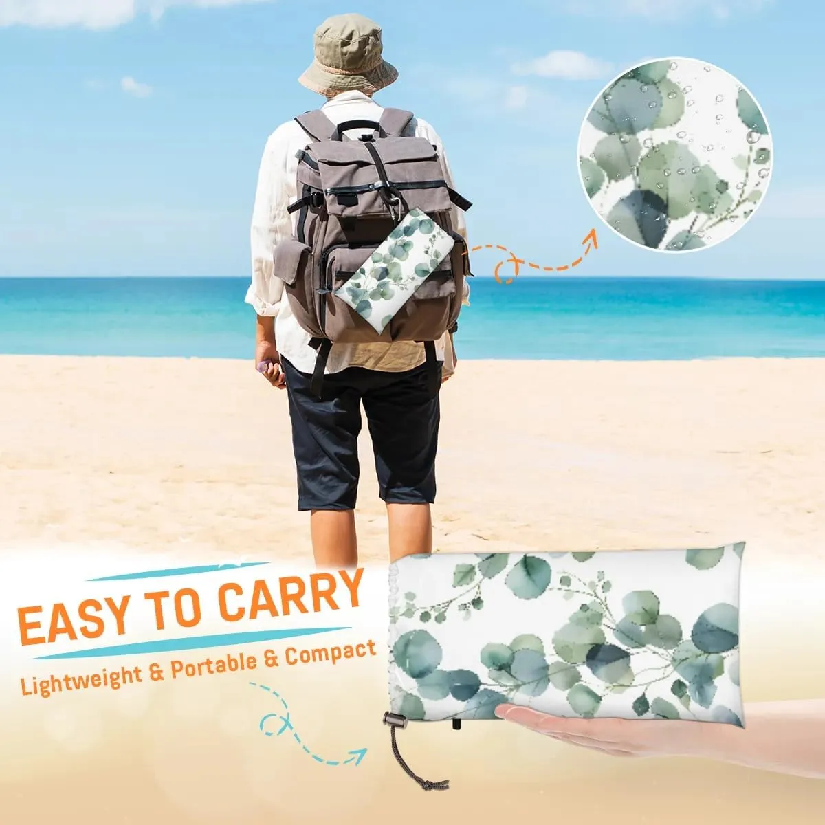 Beach Blanket, Green Leaves Sandproof Beach Mat, Waterproof Quick Drying Sand Free Mat with 4 x Ground Spikes for Outdoor Travel Camping Hiking, Watercolor Eucalyptus Spring 68 x 59 in