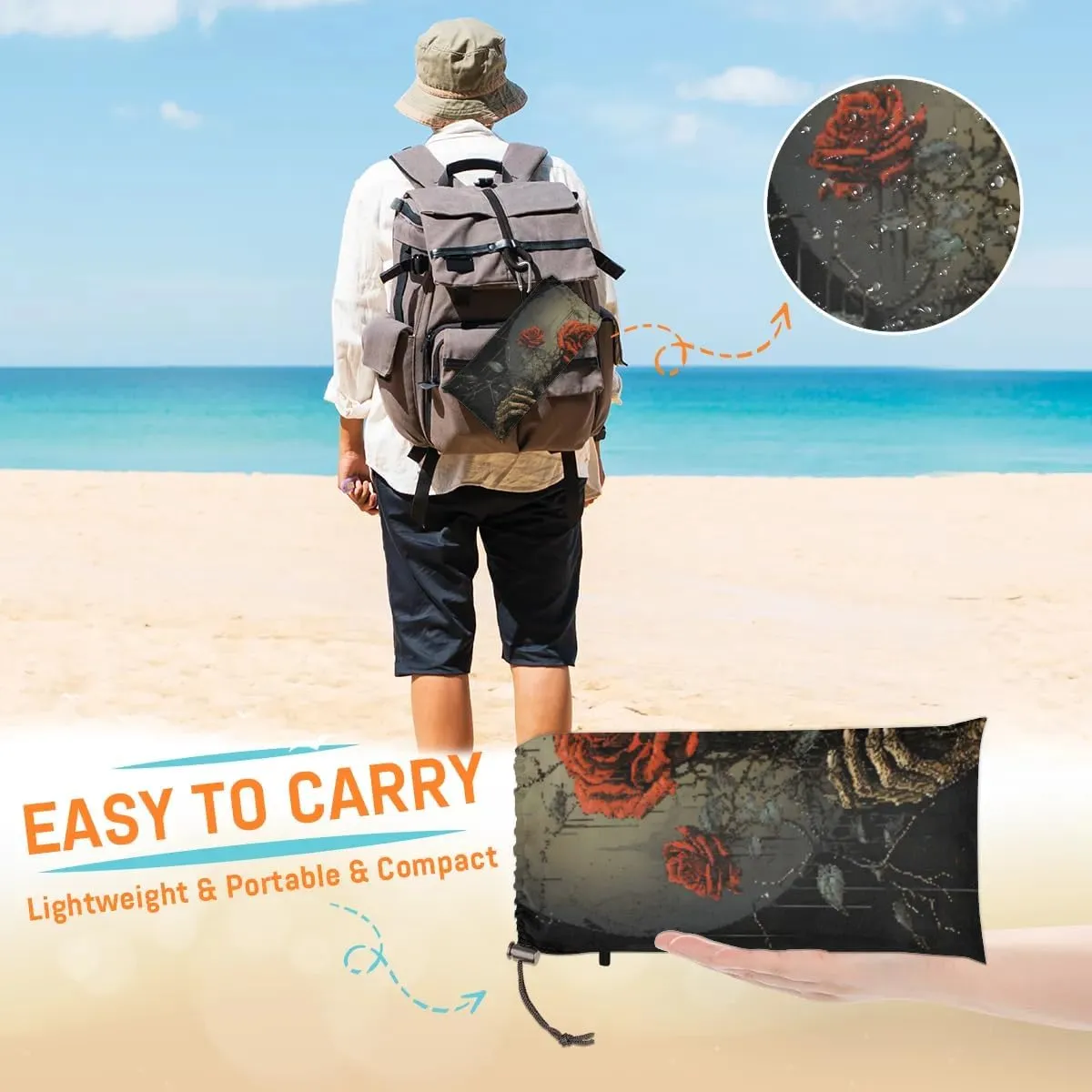 Beach Blanket, Halloween Sandproof Beach Mat, Waterproof Quick Drying Sand Free Mat with 4 x Ground Spikes for Outdoor Travel Camping Hiking, Skull Flowers 68 x 59 in