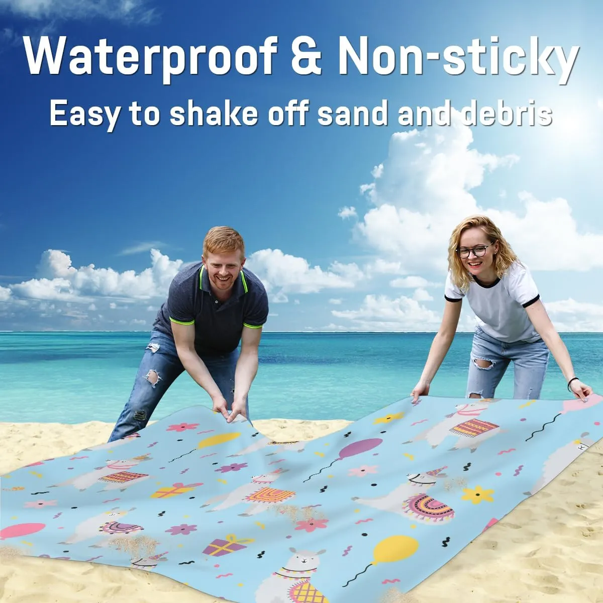 Beach Blanket, Llama Sandproof Beach Mat, Waterproof Quick Drying Sand Free Mat with 4 x Ground Spikes for Outdoor Travel Camping Hiking, Cute Alpaca Llama 68 x 59 in