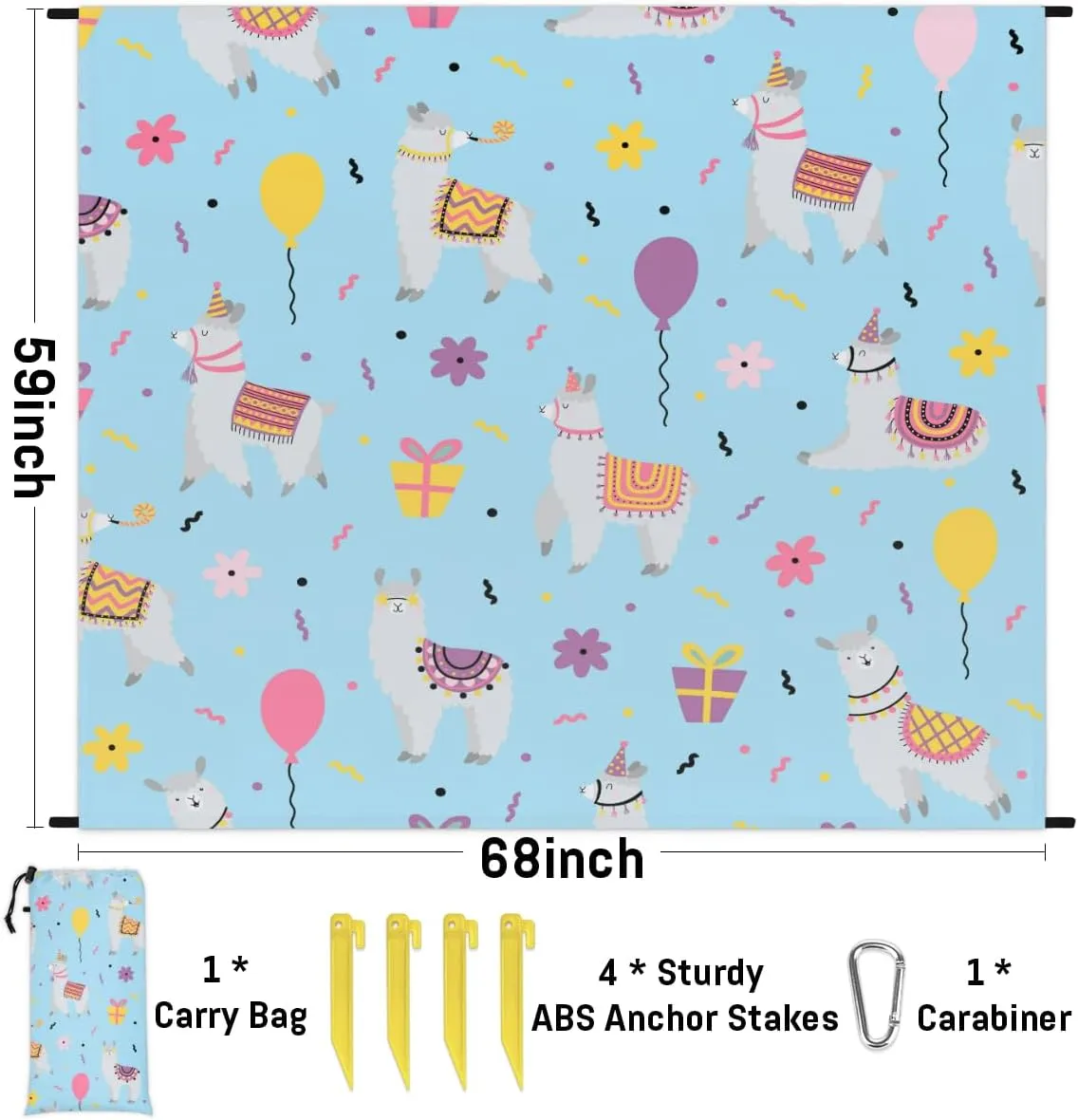 Beach Blanket, Llama Sandproof Beach Mat, Waterproof Quick Drying Sand Free Mat with 4 x Ground Spikes for Outdoor Travel Camping Hiking, Cute Alpaca Llama 68 x 59 in