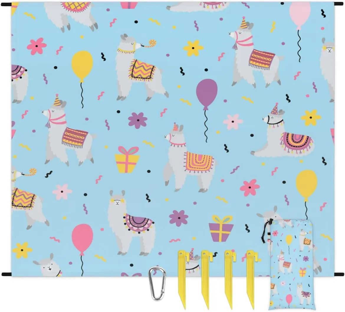 Beach Blanket, Llama Sandproof Beach Mat, Waterproof Quick Drying Sand Free Mat with 4 x Ground Spikes for Outdoor Travel Camping Hiking, Cute Alpaca Llama 68 x 59 in