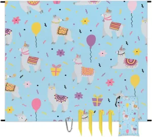 Beach Blanket, Llama Sandproof Beach Mat, Waterproof Quick Drying Sand Free Mat with 4 x Ground Spikes for Outdoor Travel Camping Hiking, Cute Alpaca Llama 68 x 59 in