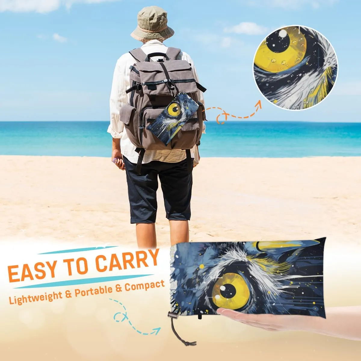 Beach Blanket, Owl Bird Sandproof Beach Mat, Waterproof Quick Drying Sand Free Mat with 4 x Ground Spikes for Outdoor Travel Camping Hiking, Animals Owl 68 x 59 in