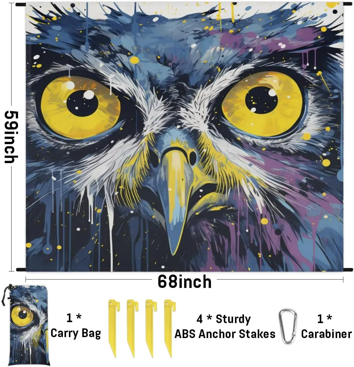 Beach Blanket, Owl Bird Sandproof Beach Mat, Waterproof Quick Drying Sand Free Mat with 4 x Ground Spikes for Outdoor Travel Camping Hiking, Animals Owl 68 x 59 in