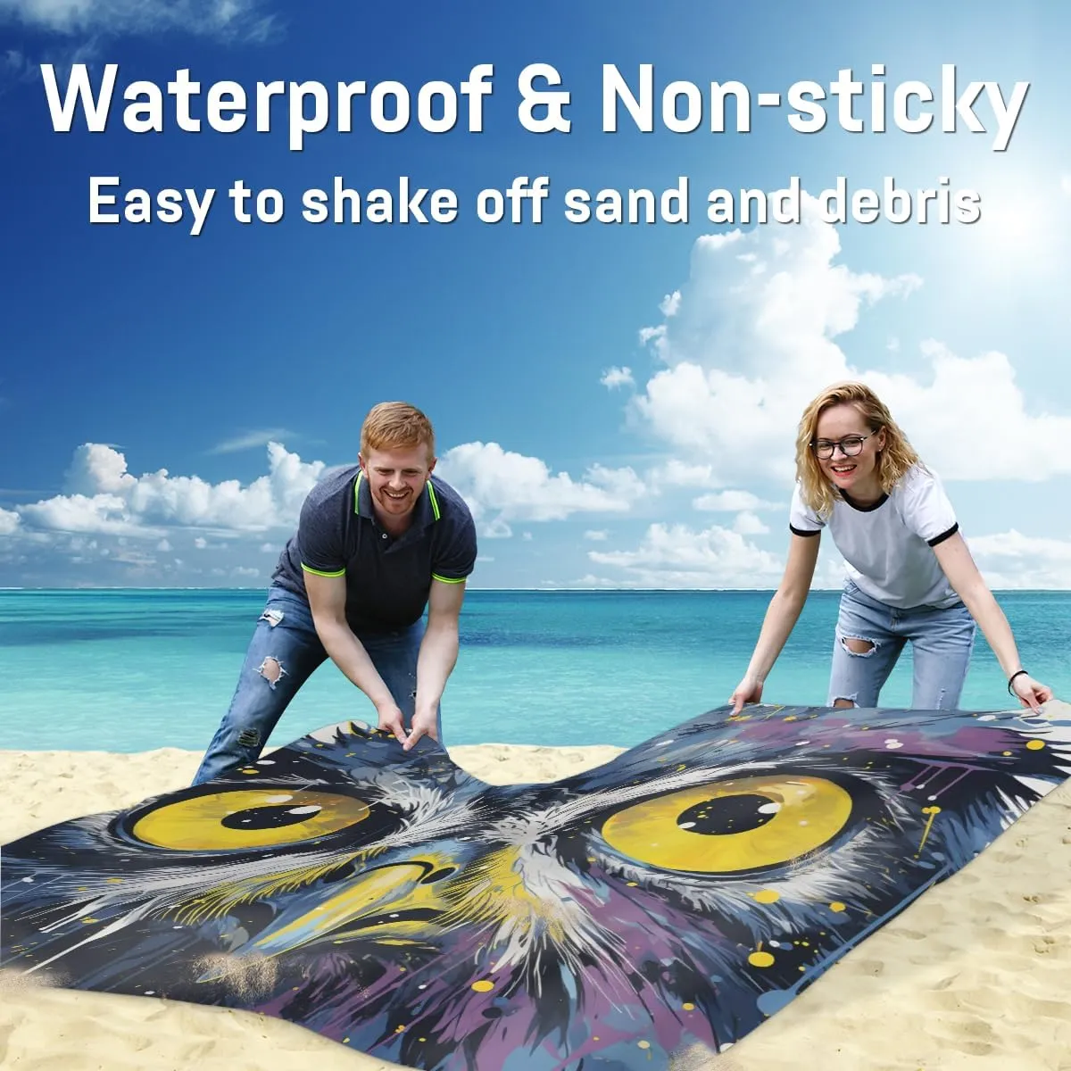 Beach Blanket, Owl Bird Sandproof Beach Mat, Waterproof Quick Drying Sand Free Mat with 4 x Ground Spikes for Outdoor Travel Camping Hiking, Animals Owl 68 x 59 in