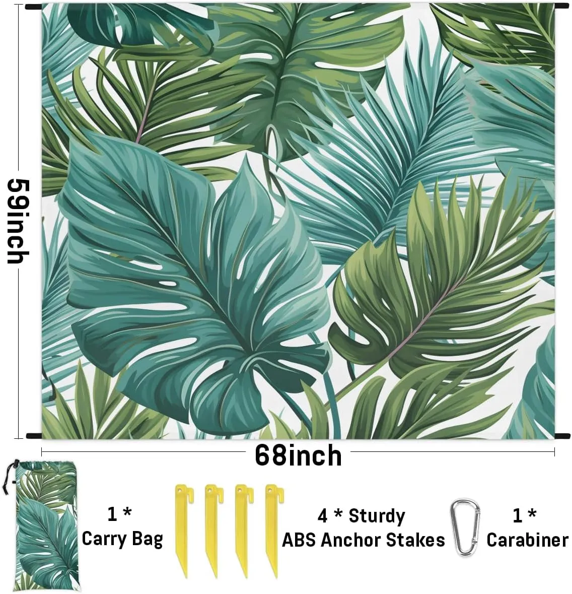 Beach Blanket, Palm Leaves Sandproof Beach Mat, Waterproof Quick Drying Sand Free Mat with 4 x Ground Spikes for Outdoor Travel Camping Hiking, Tropical Plants 68 x 59 in
