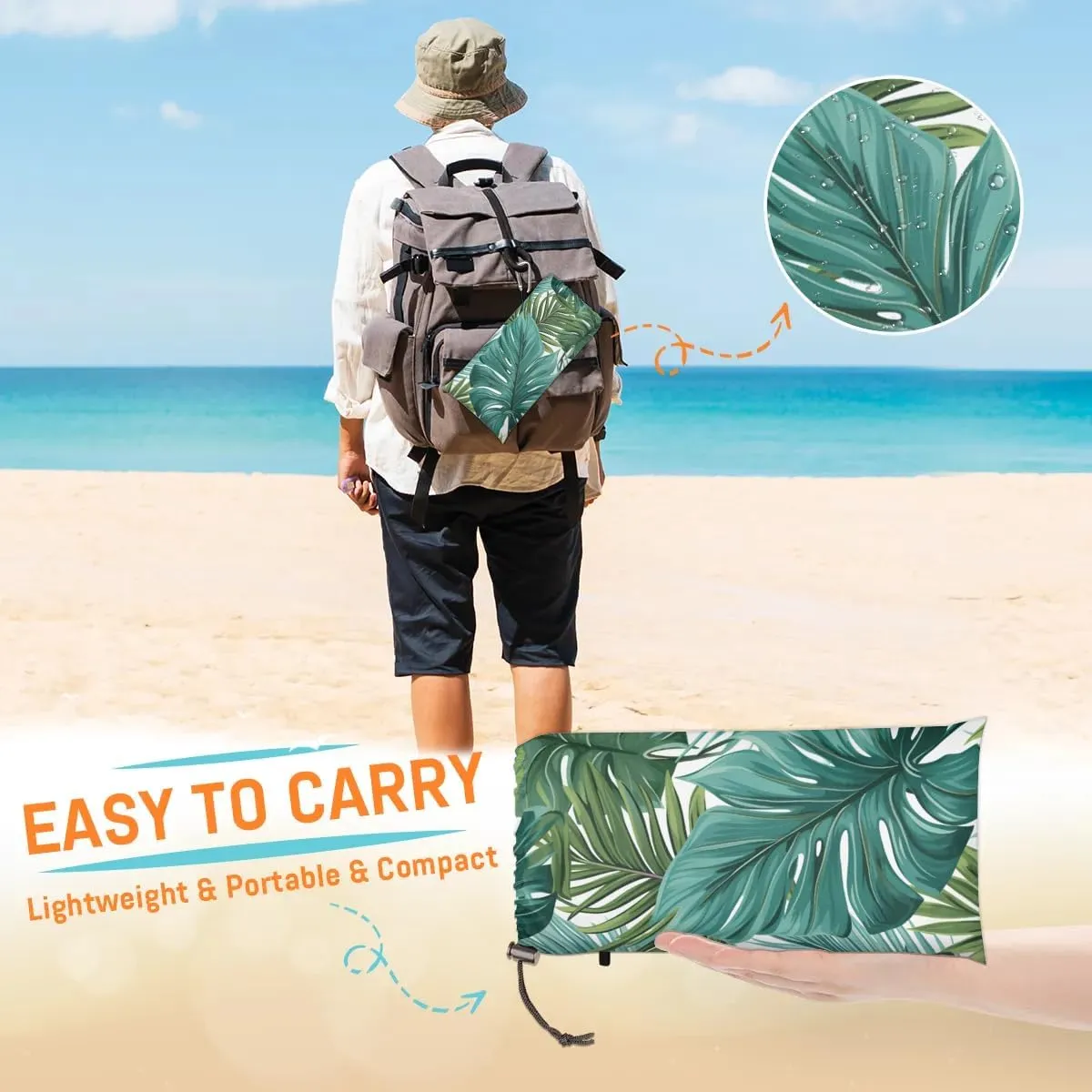 Beach Blanket, Palm Leaves Sandproof Beach Mat, Waterproof Quick Drying Sand Free Mat with 4 x Ground Spikes for Outdoor Travel Camping Hiking, Tropical Plants 68 x 59 in