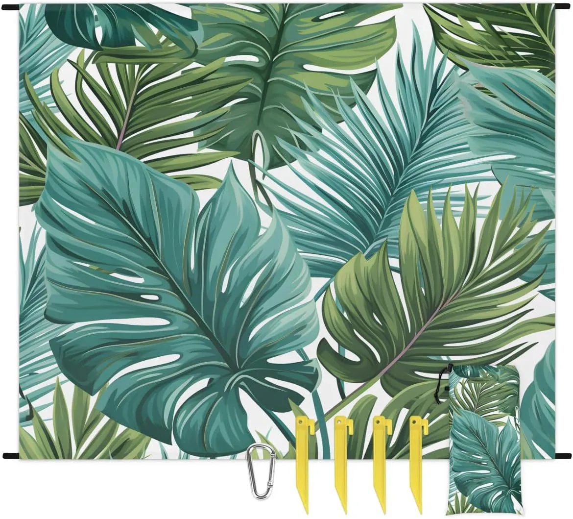 Beach Blanket, Palm Leaves Sandproof Beach Mat, Waterproof Quick Drying Sand Free Mat with 4 x Ground Spikes for Outdoor Travel Camping Hiking, Tropical Plants 68 x 59 in