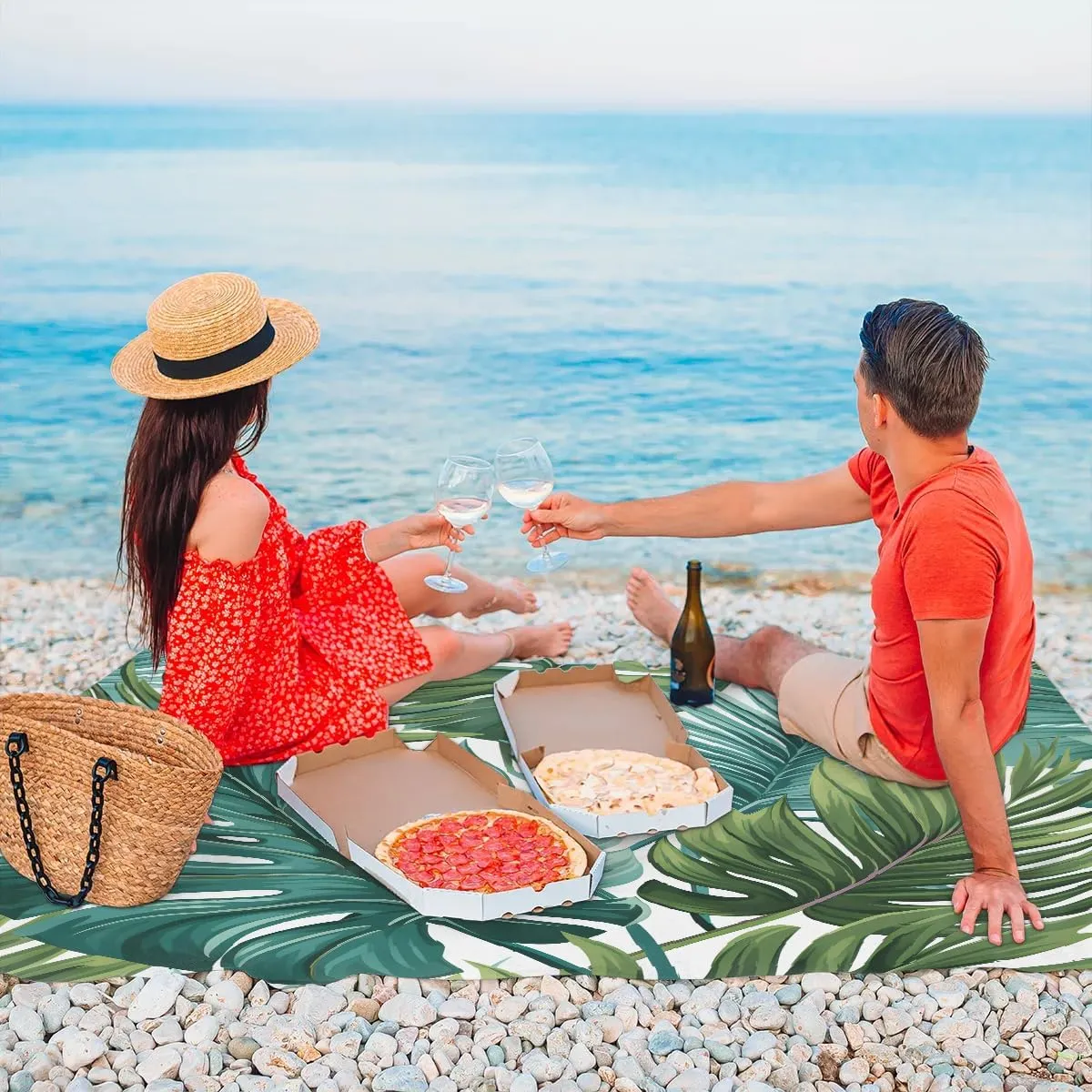 Beach Blanket, Palm Leaves Sandproof Beach Mat, Waterproof Quick Drying Sand Free Mat with 4 x Ground Spikes for Outdoor Travel Camping Hiking, Tropical Plants 68 x 59 in