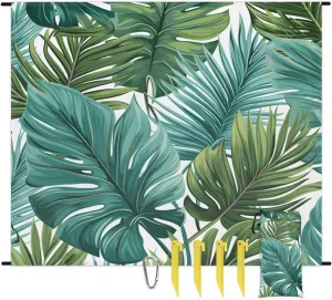 Beach Blanket, Palm Leaves Sandproof Beach Mat, Waterproof Quick Drying Sand Free Mat with 4 x Ground Spikes for Outdoor Travel Camping Hiking, Tropical Plants 68 x 59 in