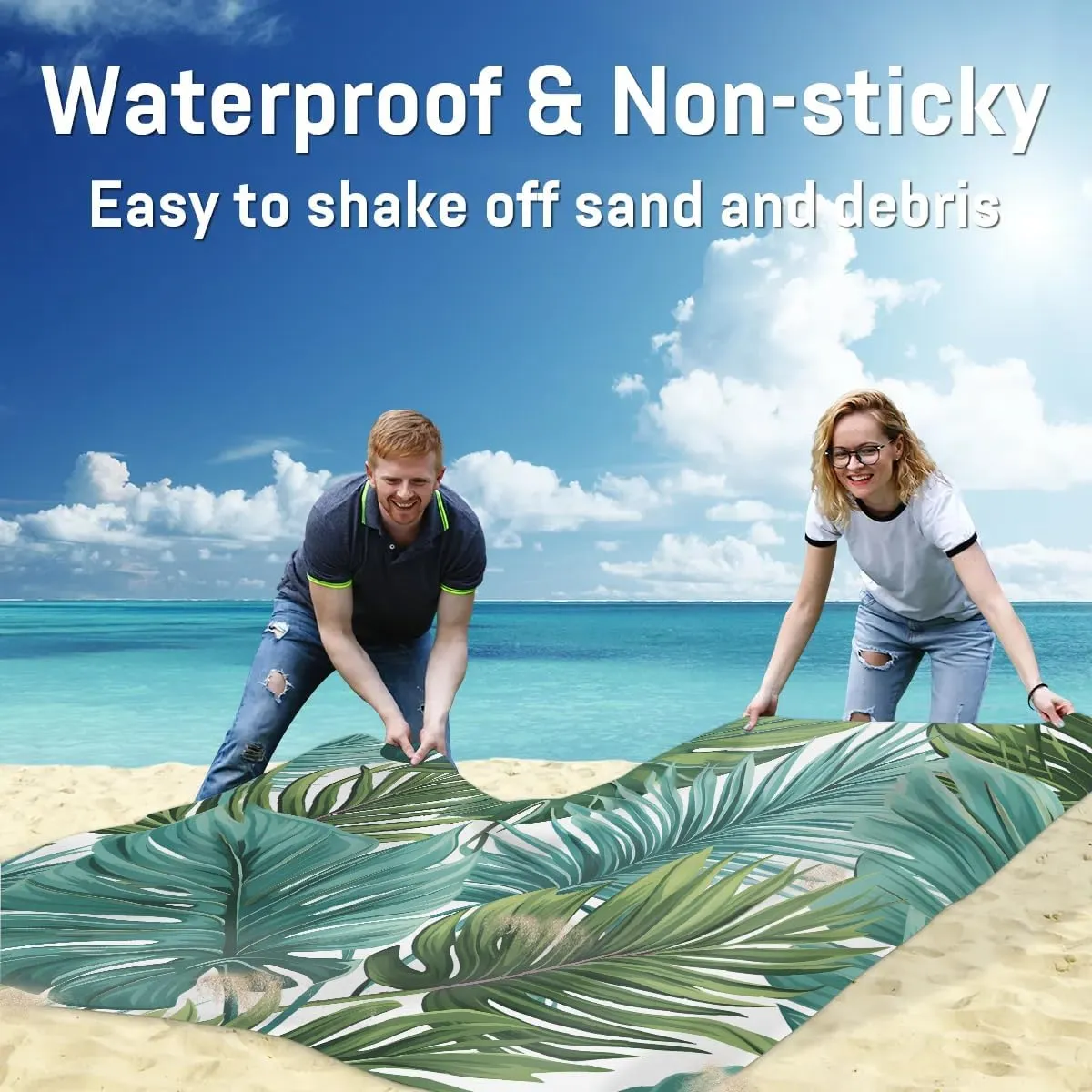 Beach Blanket, Palm Leaves Sandproof Beach Mat, Waterproof Quick Drying Sand Free Mat with 4 x Ground Spikes for Outdoor Travel Camping Hiking, Tropical Plants 68 x 59 in