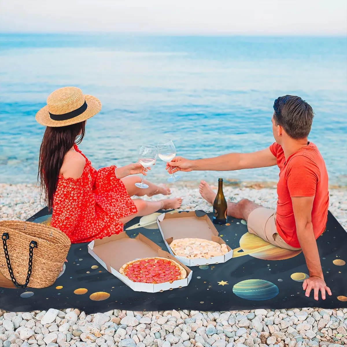 Beach Blanket, Planet Pattern Sandproof Beach Mat, Waterproof Quick Drying Sand Free Mat with 4 x Ground Spikes for Outdoor Travel Camping Hiking, Galaxy 68 x 59 in
