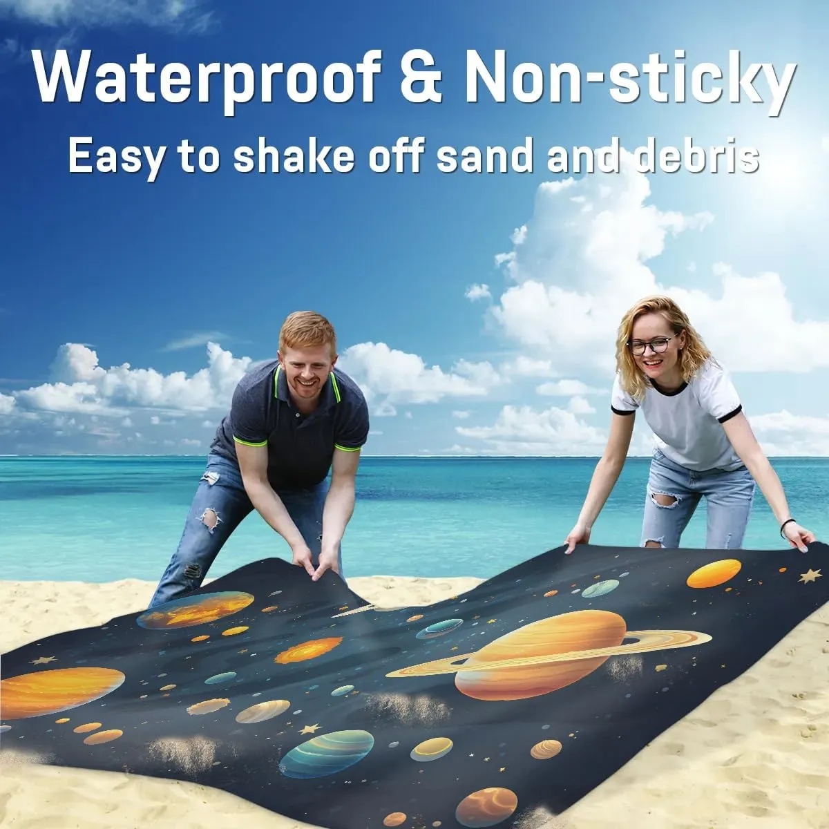 Beach Blanket, Planet Pattern Sandproof Beach Mat, Waterproof Quick Drying Sand Free Mat with 4 x Ground Spikes for Outdoor Travel Camping Hiking, Galaxy 68 x 59 in