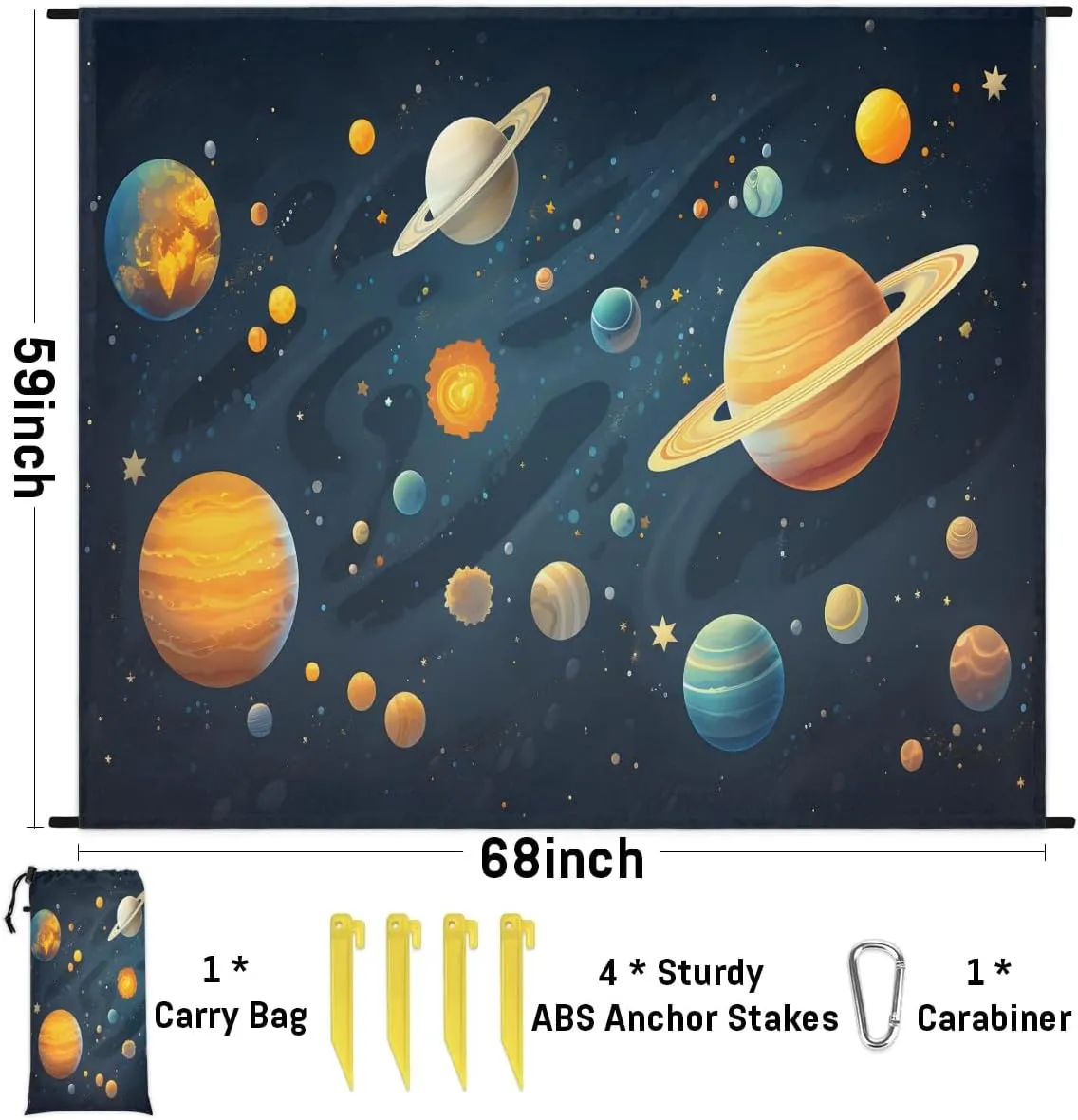 Beach Blanket, Planet Pattern Sandproof Beach Mat, Waterproof Quick Drying Sand Free Mat with 4 x Ground Spikes for Outdoor Travel Camping Hiking, Galaxy 68 x 59 in