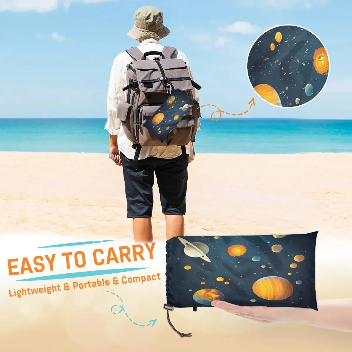 Beach Blanket, Planet Pattern Sandproof Beach Mat, Waterproof Quick Drying Sand Free Mat with 4 x Ground Spikes for Outdoor Travel Camping Hiking, Galaxy 68 x 59 in