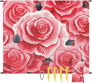 Beach Blanket, Red Rose Floral Sandproof Beach Mat, Waterproof Quick Drying Sand Free Mat with 4 x Ground Spikes for Outdoor Travel Camping Hiking, Valentine's 68 x 59 in