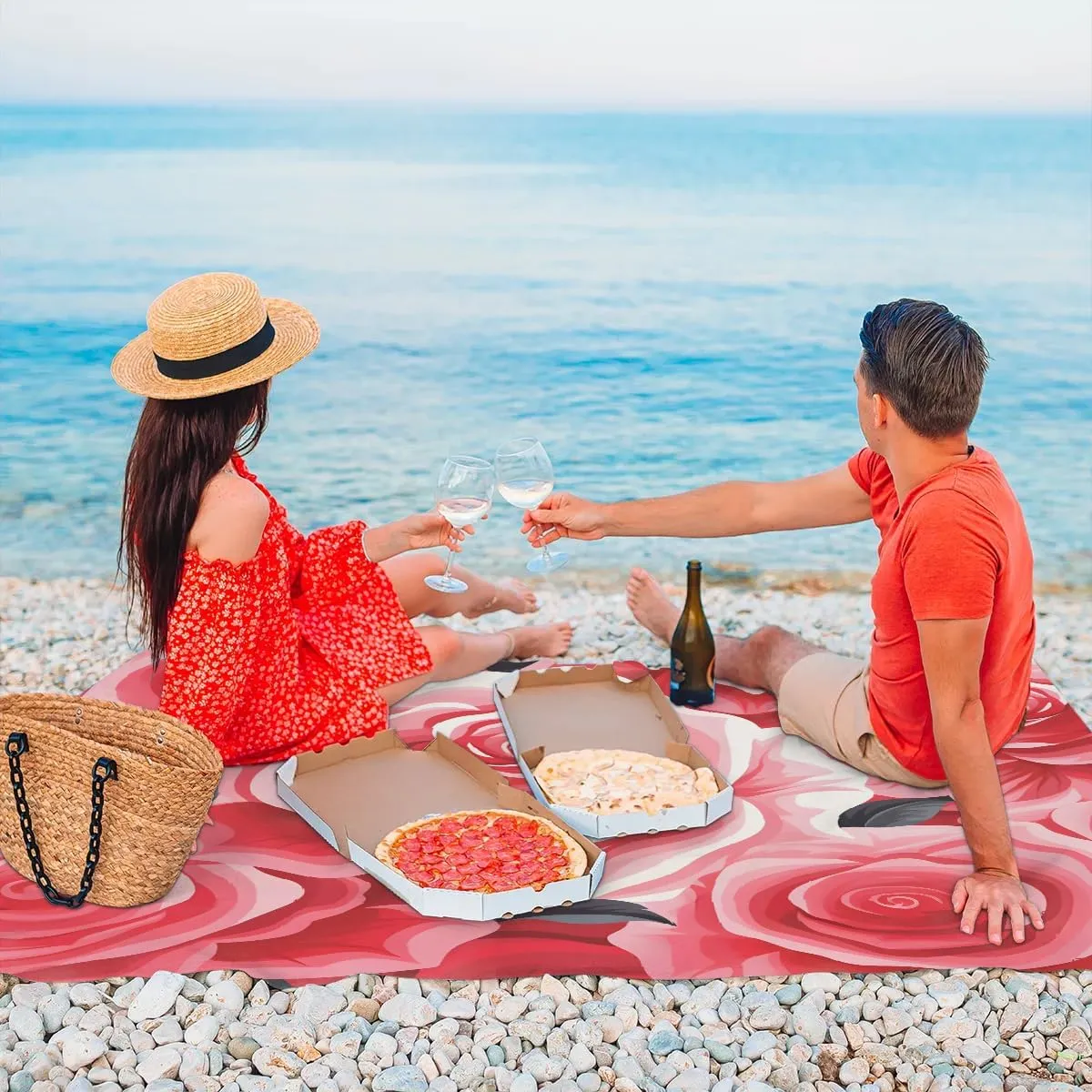 Beach Blanket, Red Rose Floral Sandproof Beach Mat, Waterproof Quick Drying Sand Free Mat with 4 x Ground Spikes for Outdoor Travel Camping Hiking, Valentine's 68 x 59 in