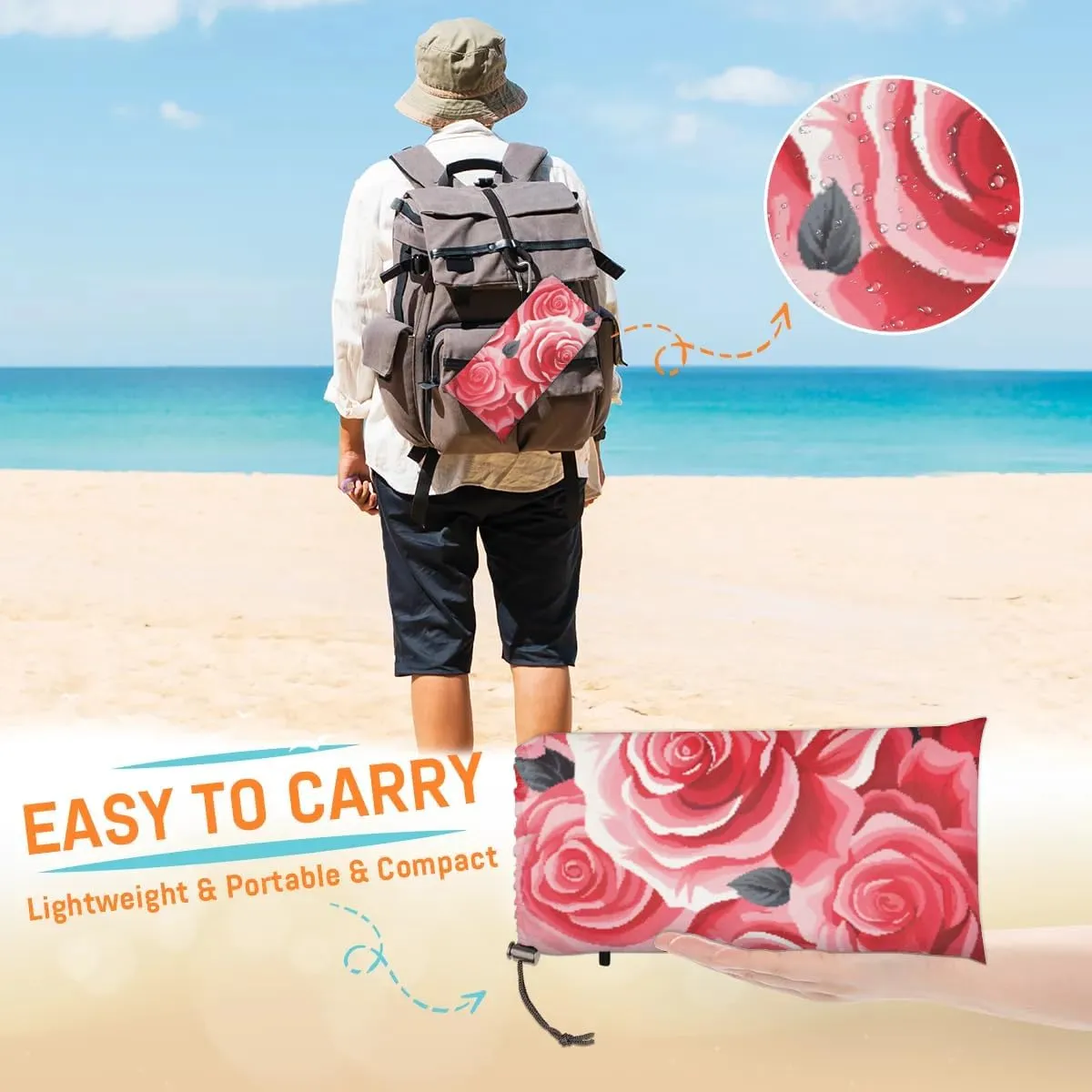 Beach Blanket, Red Rose Floral Sandproof Beach Mat, Waterproof Quick Drying Sand Free Mat with 4 x Ground Spikes for Outdoor Travel Camping Hiking, Valentine's 68 x 59 in
