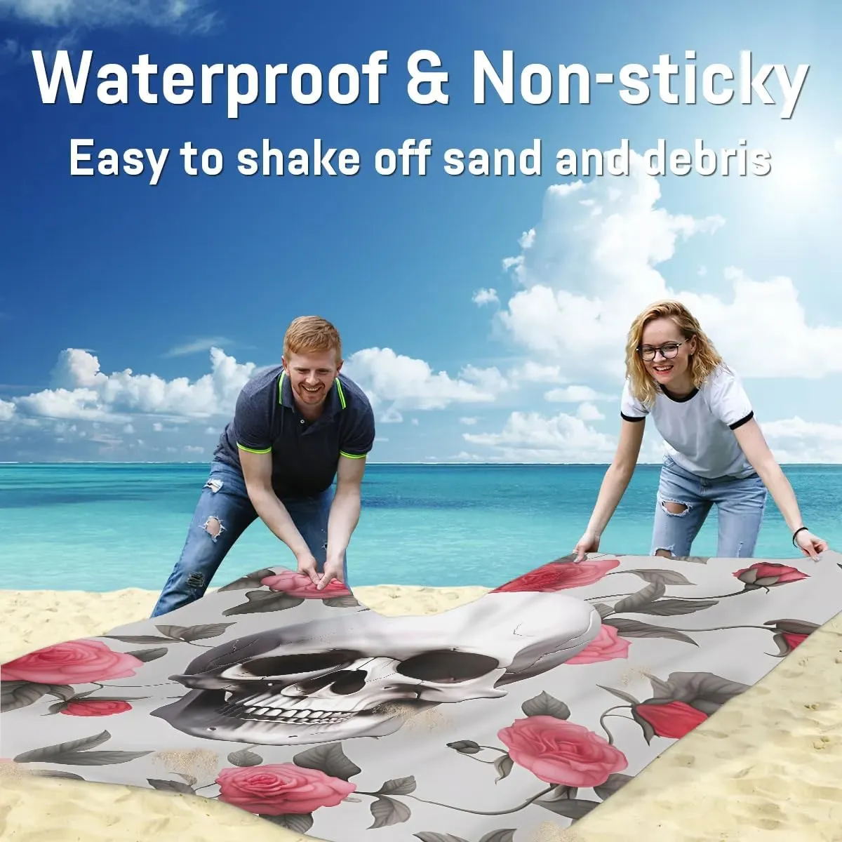 Beach Blanket, Skull and Flowers Sandproof Beach Mat, Waterproof Quick Drying Sand Free Mat with 4 x Ground Spikes for Outdoor Travel Camping Hiking, Gothic Skull Floral 68 x 59 in