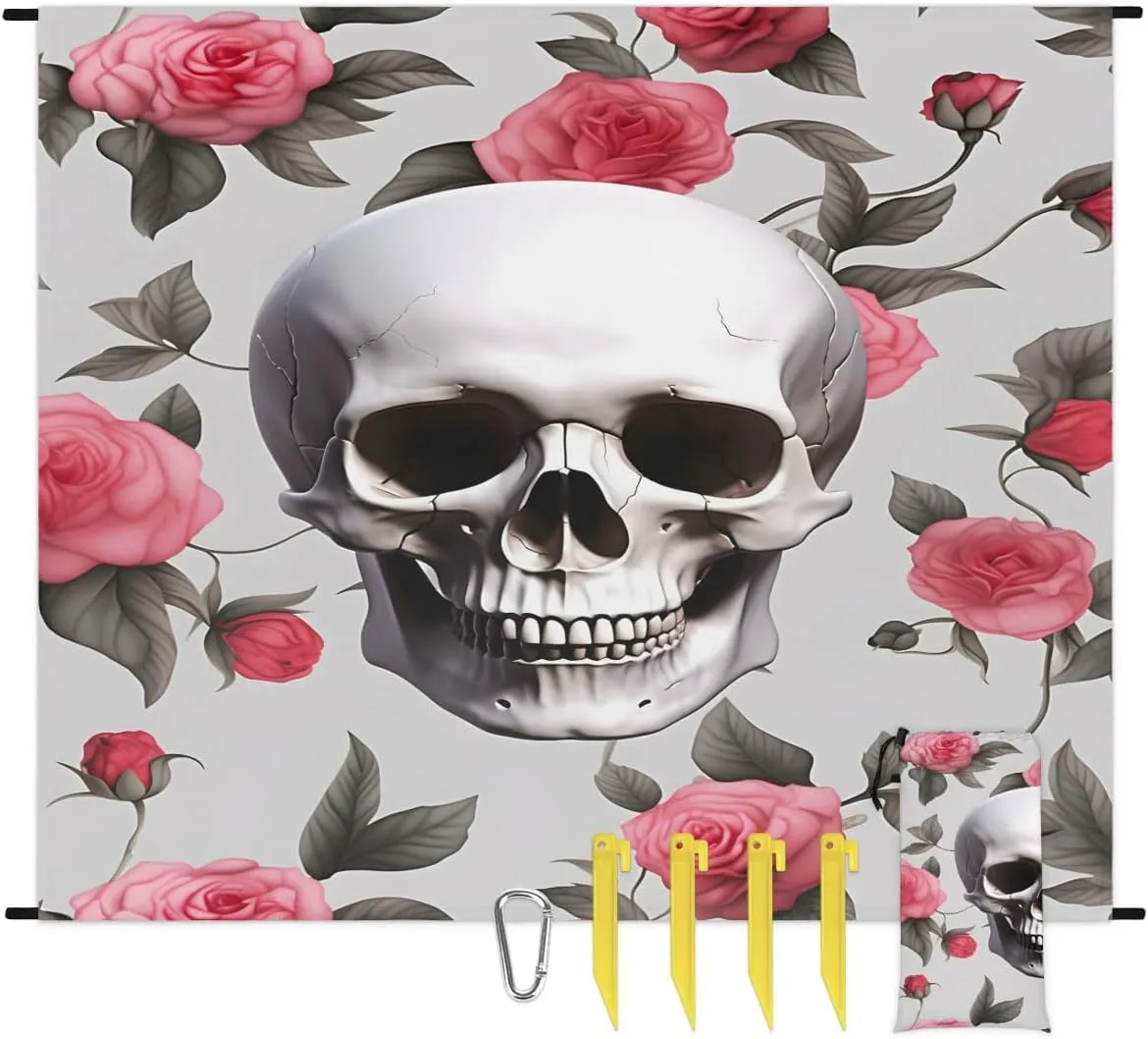 Beach Blanket, Skull and Flowers Sandproof Beach Mat, Waterproof Quick Drying Sand Free Mat with 4 x Ground Spikes for Outdoor Travel Camping Hiking, Gothic Skull Floral 68 x 59 in