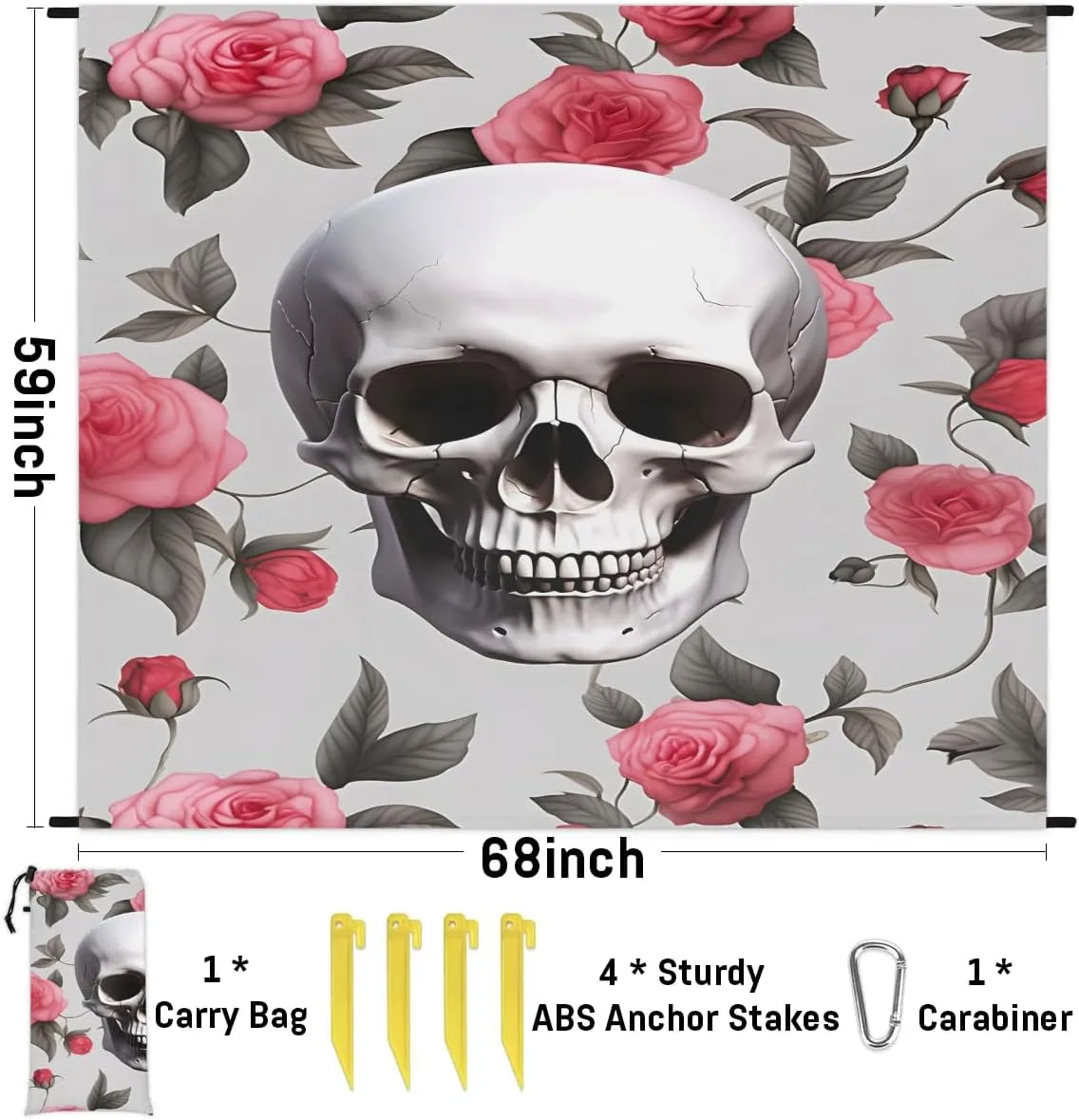 Beach Blanket, Skull and Flowers Sandproof Beach Mat, Waterproof Quick Drying Sand Free Mat with 4 x Ground Spikes for Outdoor Travel Camping Hiking, Gothic Skull Floral 68 x 59 in