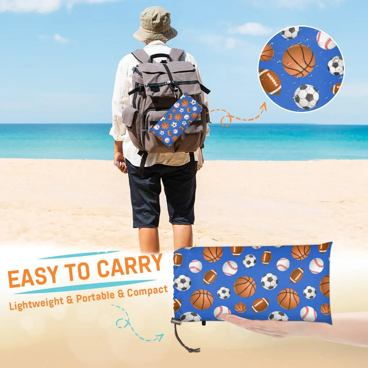 Beach Blanket, Sports Ball Sandproof Beach Mat, Waterproof Quick Drying Sand Free Mat with 4 x Ground Spikes for Outdoor Travel Camping Hiking, Basketball 68 x 59 in