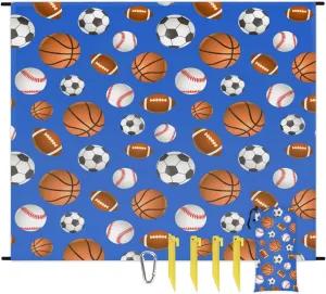 Beach Blanket, Sports Ball Sandproof Beach Mat, Waterproof Quick Drying Sand Free Mat with 4 x Ground Spikes for Outdoor Travel Camping Hiking, Basketball 68 x 59 in
