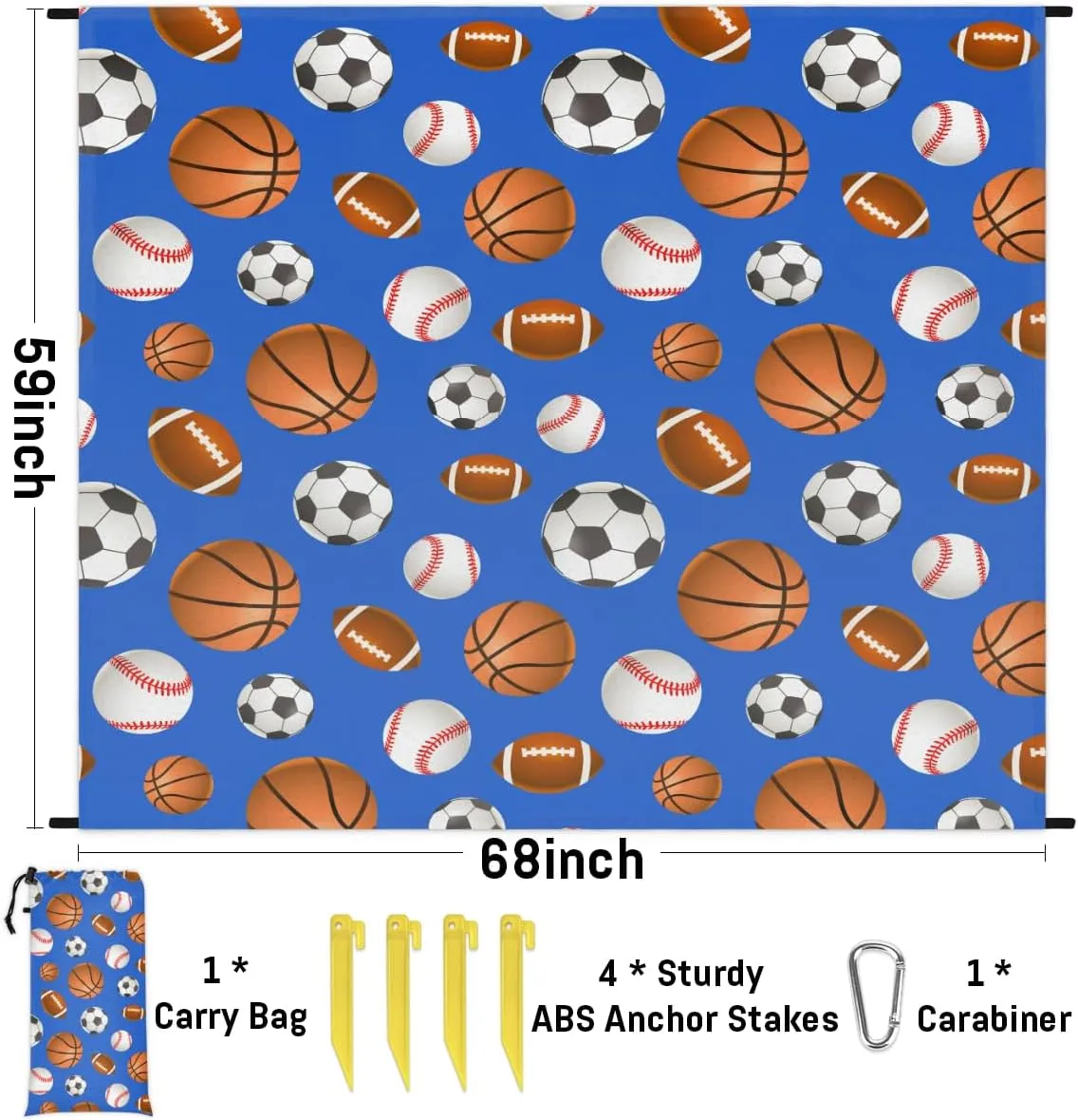 Beach Blanket, Sports Ball Sandproof Beach Mat, Waterproof Quick Drying Sand Free Mat with 4 x Ground Spikes for Outdoor Travel Camping Hiking, Basketball 68 x 59 in
