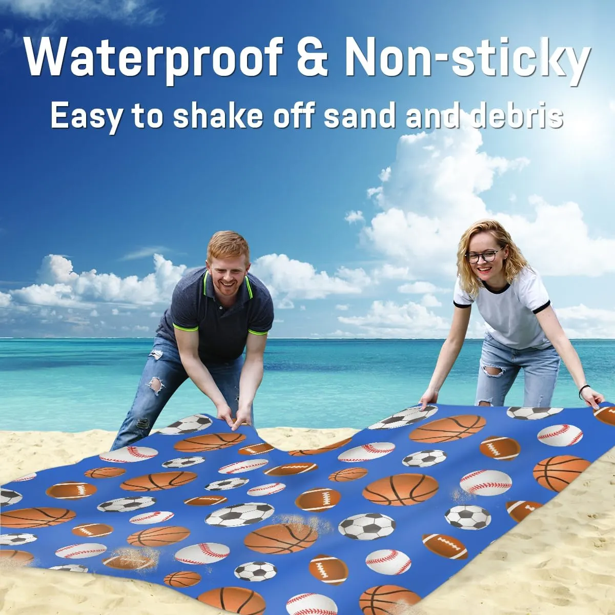 Beach Blanket, Sports Ball Sandproof Beach Mat, Waterproof Quick Drying Sand Free Mat with 4 x Ground Spikes for Outdoor Travel Camping Hiking, Basketball 68 x 59 in