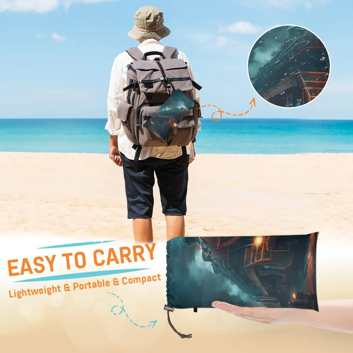 Beach Blanket, Steam Train Sandproof Beach Mat, Waterproof Quick Drying Sand Free Mat with 4 x Ground Spikes for Outdoor Travel Camping Hiking, Vintage Train 68 x 59 in