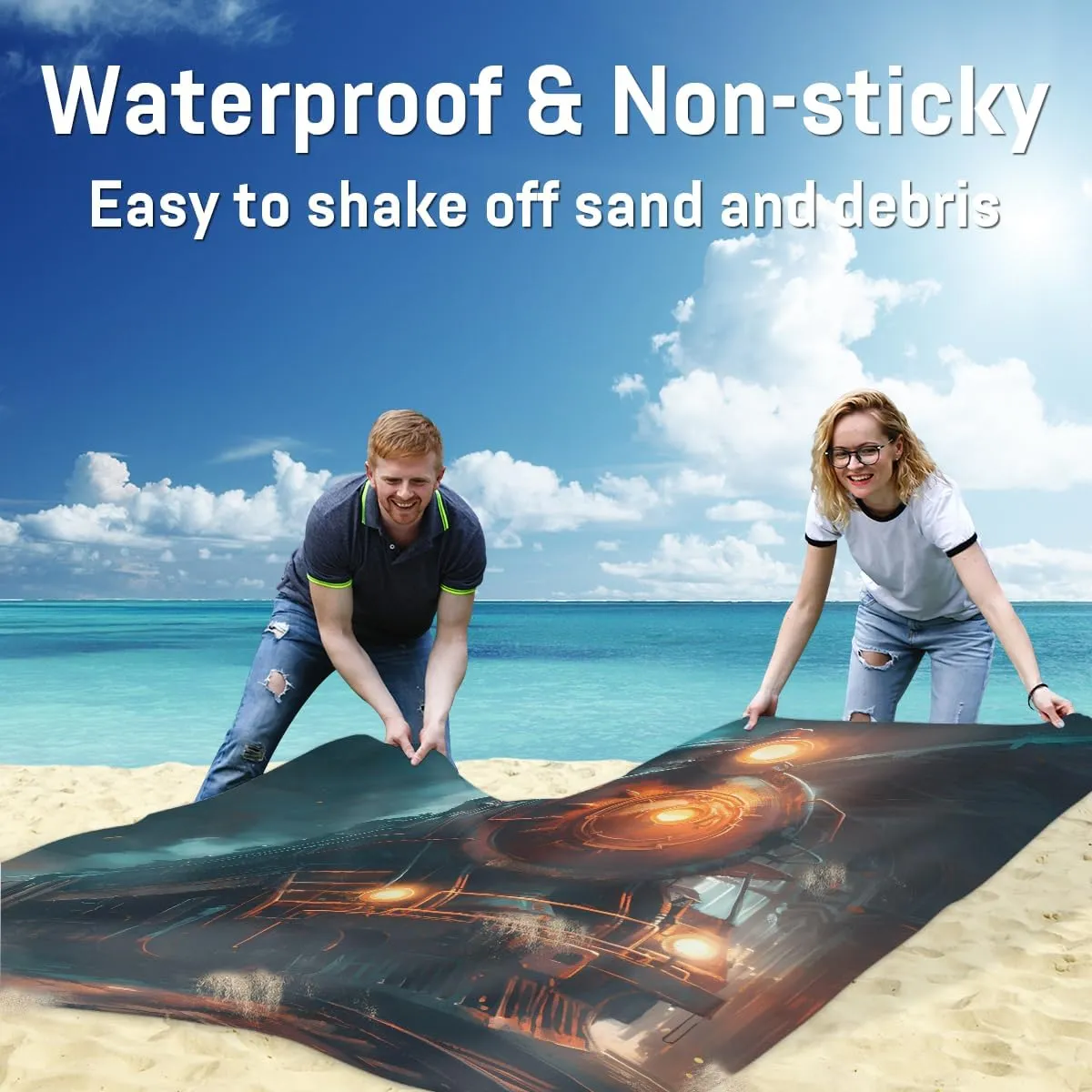Beach Blanket, Steam Train Sandproof Beach Mat, Waterproof Quick Drying Sand Free Mat with 4 x Ground Spikes for Outdoor Travel Camping Hiking, Vintage Train 68 x 59 in