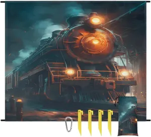 Beach Blanket, Steam Train Sandproof Beach Mat, Waterproof Quick Drying Sand Free Mat with 4 x Ground Spikes for Outdoor Travel Camping Hiking, Vintage Train 68 x 59 in