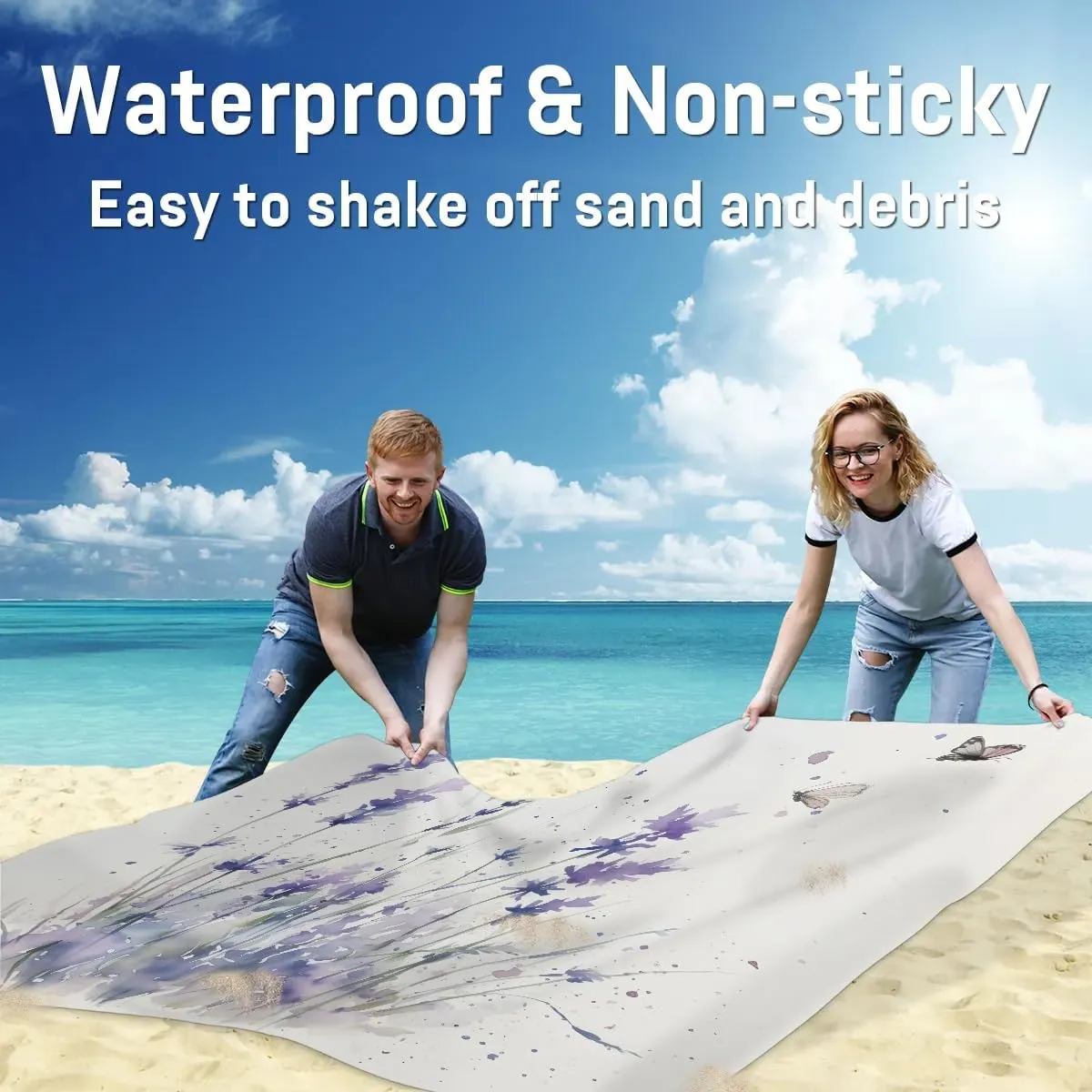 Beach Blanket, Summer Lavender Sandproof Beach Mat, Waterproof Quick Drying Sand Free Mat with 4 x Ground Spikes for Outdoor Travel Camping Hiking, Wildflowers 68 x 59 in