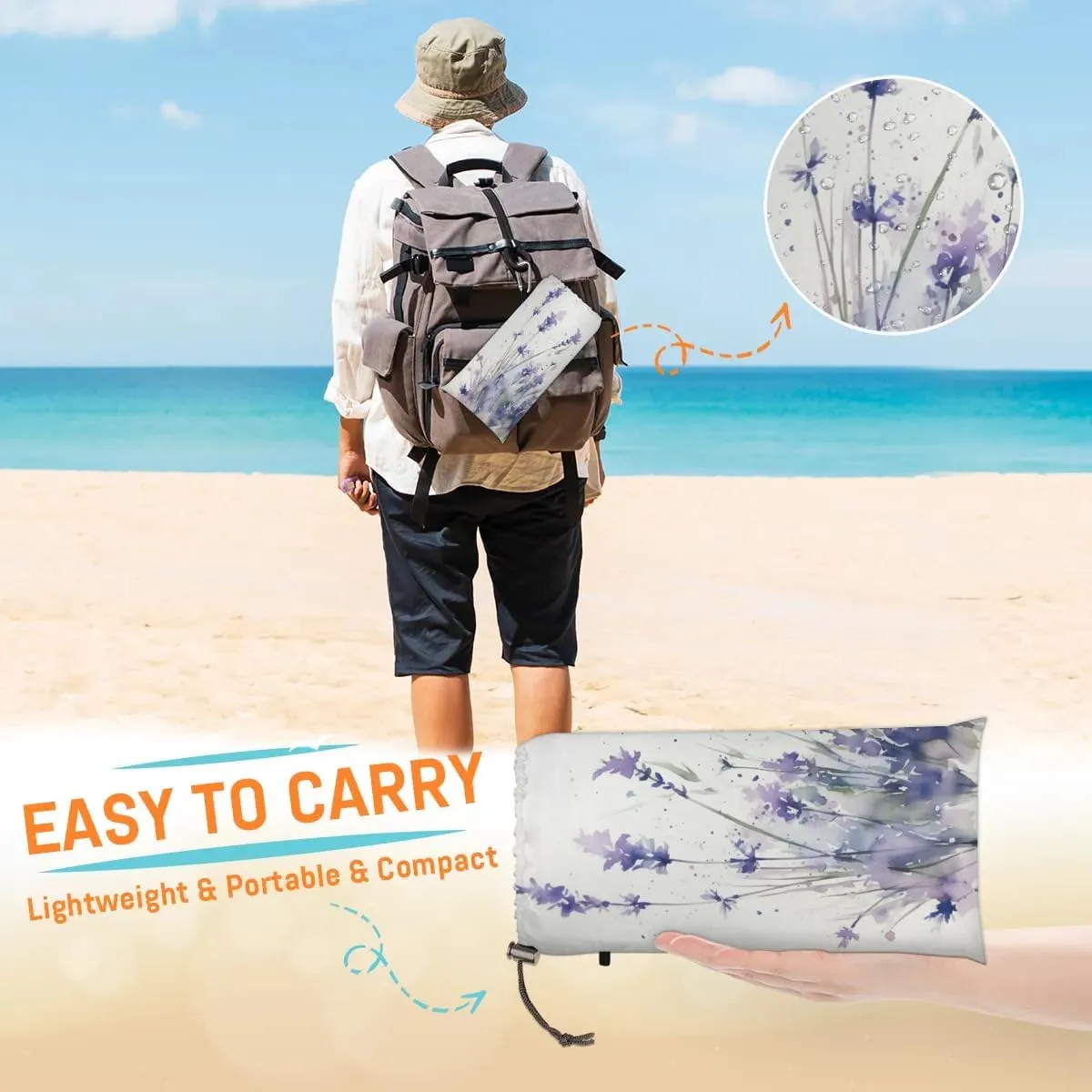 Beach Blanket, Summer Lavender Sandproof Beach Mat, Waterproof Quick Drying Sand Free Mat with 4 x Ground Spikes for Outdoor Travel Camping Hiking, Wildflowers 68 x 59 in