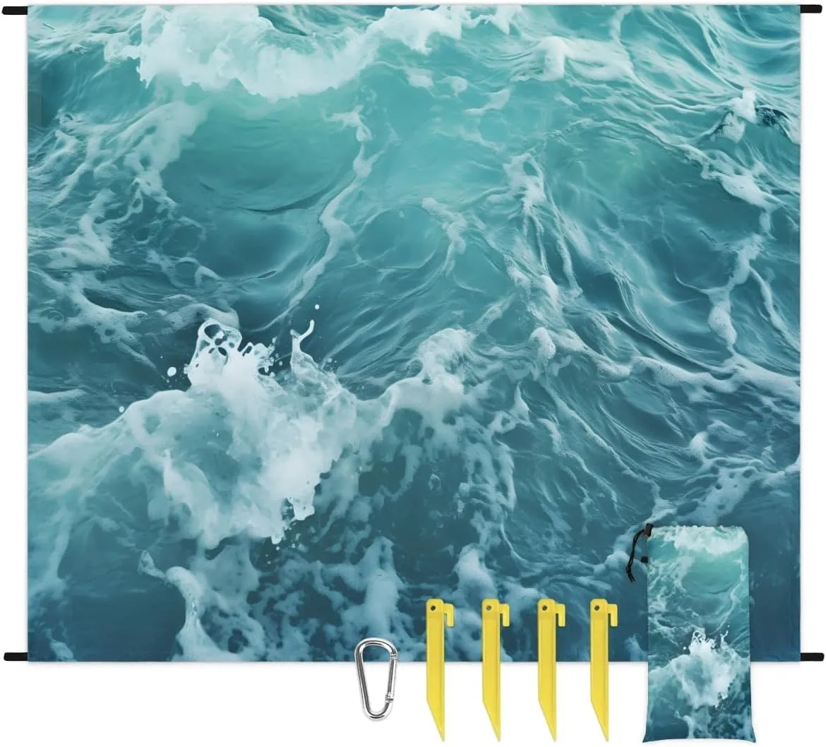 Beach Blanket, Summer Sun Ocean Sandproof Beach Mat, Waterproof Quick Drying Sand Free Mat with 4 x Ground Spikes for Outdoor Travel Camping Hiking, Ocean 68 x 59 in