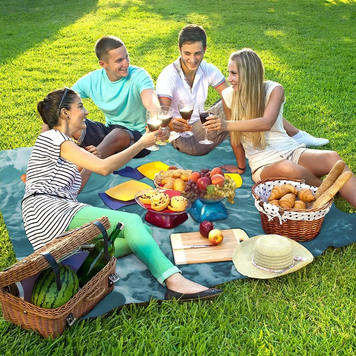 Beach Blanket, Summer Sun Ocean Sandproof Beach Mat, Waterproof Quick Drying Sand Free Mat with 4 x Ground Spikes for Outdoor Travel Camping Hiking, Ocean 68 x 59 in