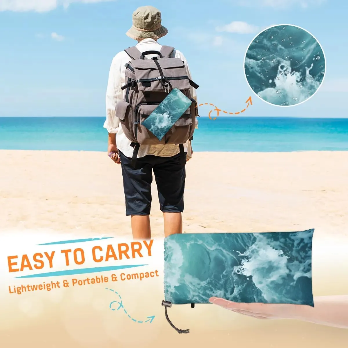 Beach Blanket, Summer Sun Ocean Sandproof Beach Mat, Waterproof Quick Drying Sand Free Mat with 4 x Ground Spikes for Outdoor Travel Camping Hiking, Ocean 68 x 59 in