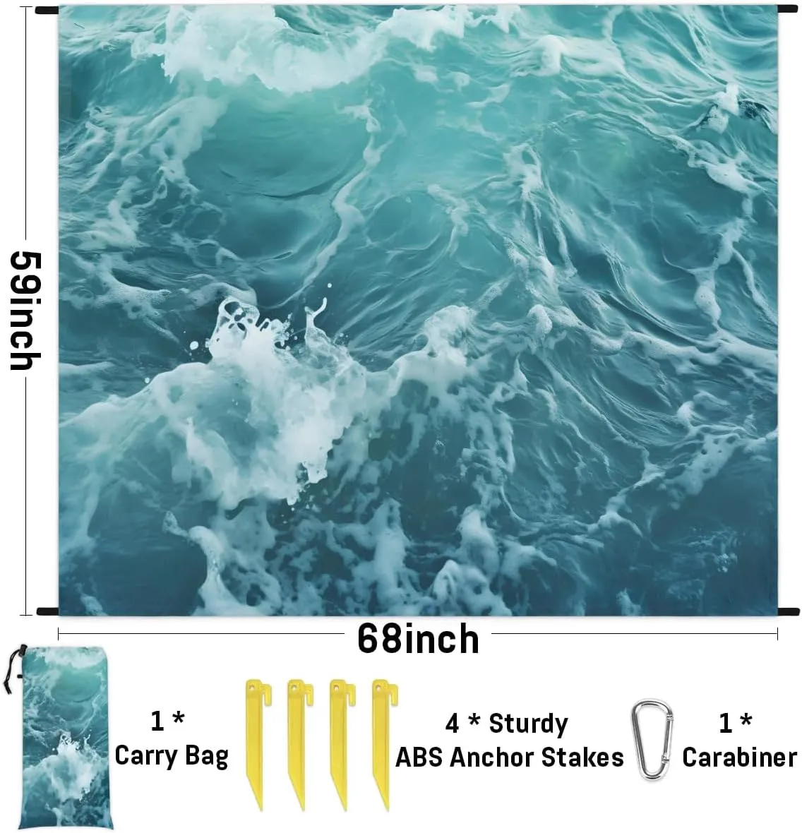 Beach Blanket, Summer Sun Ocean Sandproof Beach Mat, Waterproof Quick Drying Sand Free Mat with 4 x Ground Spikes for Outdoor Travel Camping Hiking, Ocean 68 x 59 in
