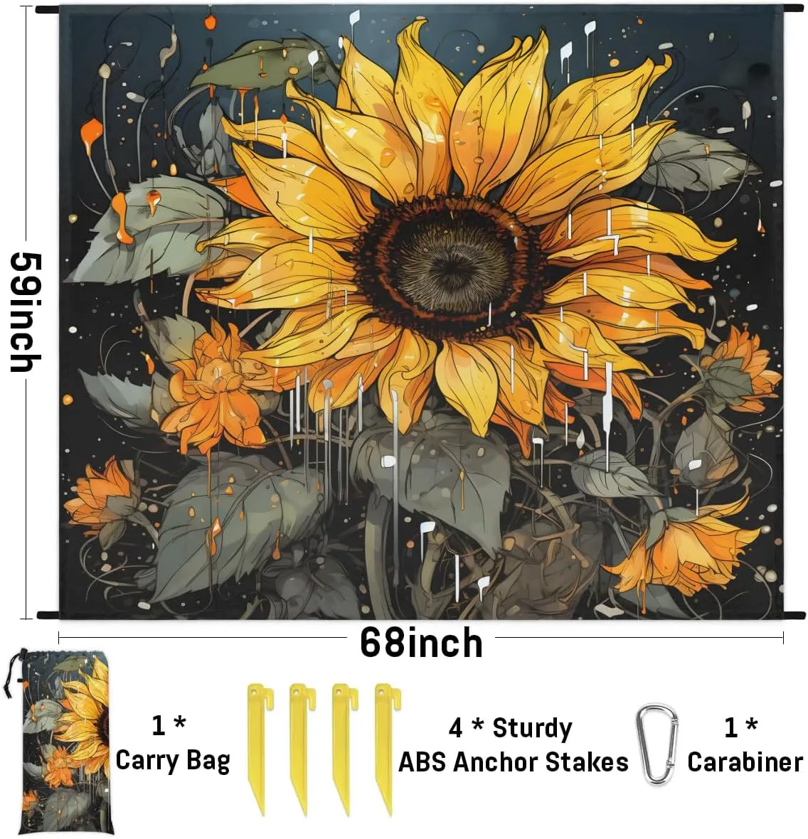 Beach Blanket, Sunflower Pattern Sandproof Beach Mat, Waterproof Quick Drying Sand Free Mat with 4 x Ground Spikes for Outdoor Travel Camping Hiking, Spring Flowers 68 x 59 in