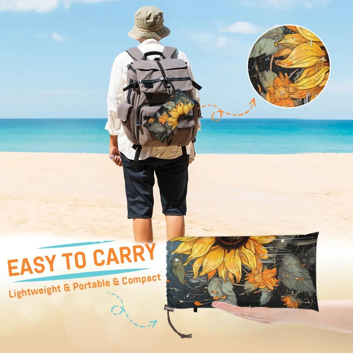Beach Blanket, Sunflower Pattern Sandproof Beach Mat, Waterproof Quick Drying Sand Free Mat with 4 x Ground Spikes for Outdoor Travel Camping Hiking, Spring Flowers 68 x 59 in