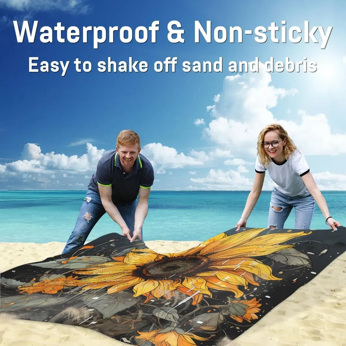Beach Blanket, Sunflower Pattern Sandproof Beach Mat, Waterproof Quick Drying Sand Free Mat with 4 x Ground Spikes for Outdoor Travel Camping Hiking, Spring Flowers 68 x 59 in