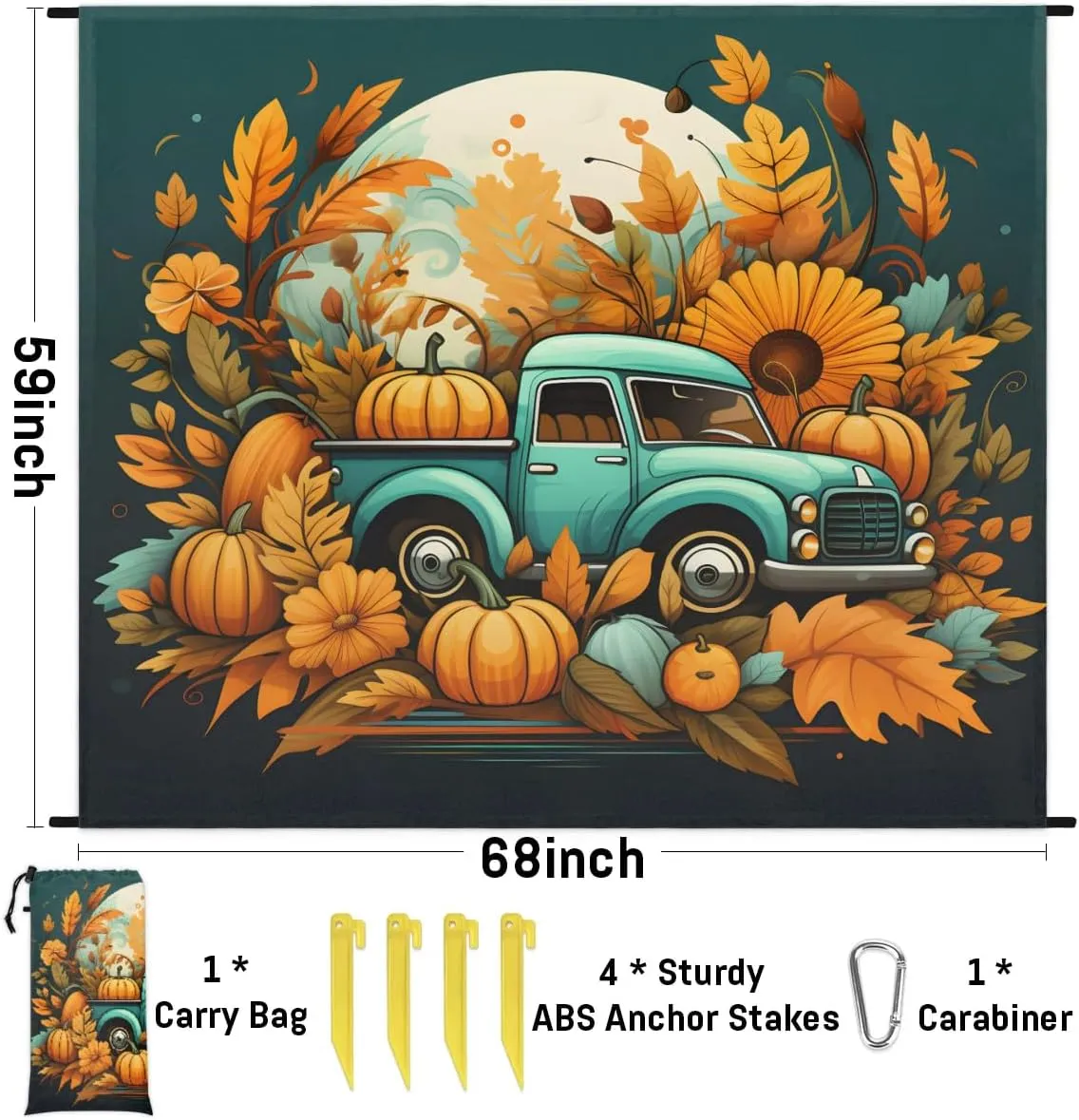 Beach Blanket, Thanksgiving Day Sandproof Beach Mat, Waterproof Quick Drying Sand Free Mat with 4 x Ground Spikes for Outdoor Travel Camping Hiking, Fall Pumpkin Truck 68 x 59 in