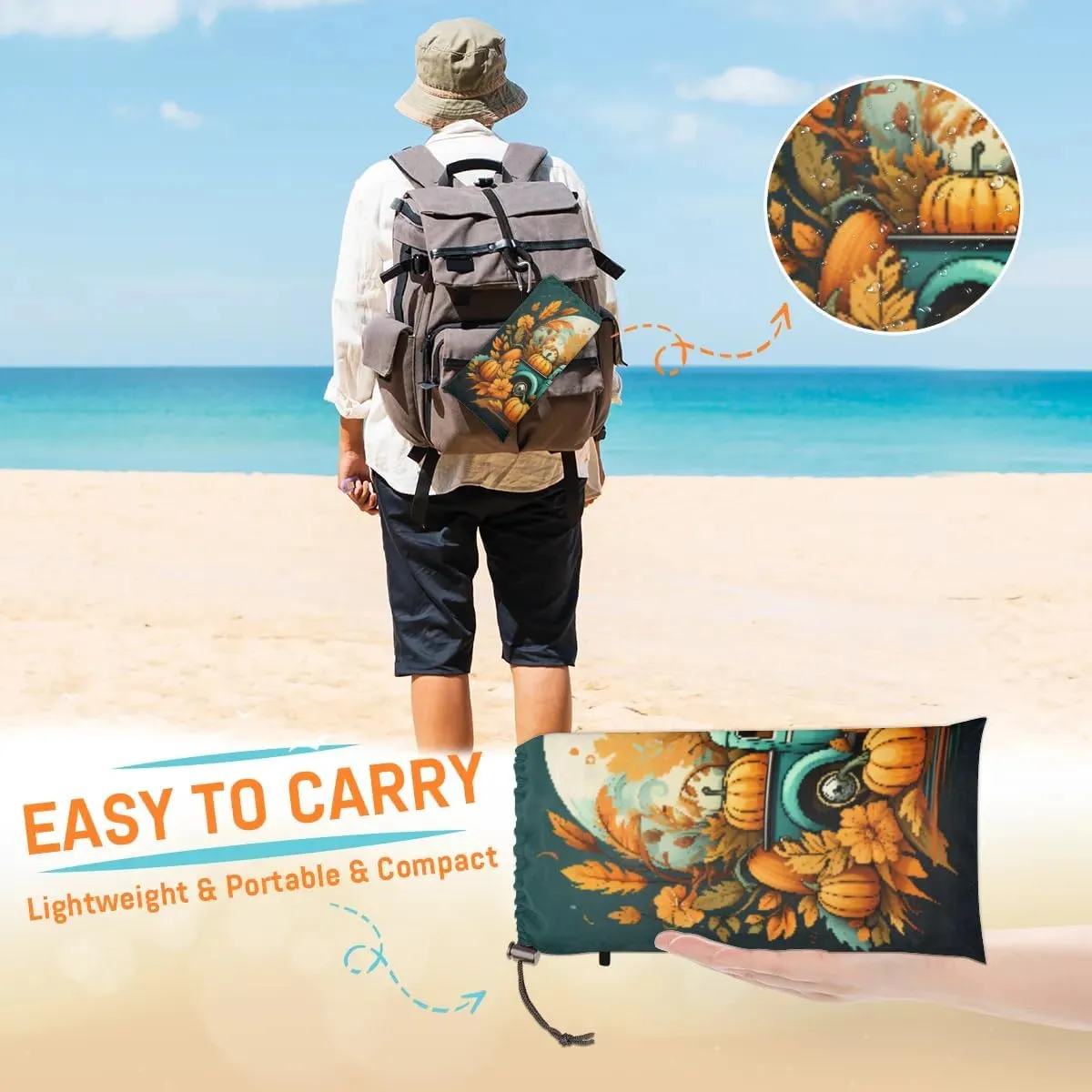 Beach Blanket, Thanksgiving Day Sandproof Beach Mat, Waterproof Quick Drying Sand Free Mat with 4 x Ground Spikes for Outdoor Travel Camping Hiking, Fall Pumpkin Truck 68 x 59 in