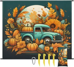 Beach Blanket, Thanksgiving Day Sandproof Beach Mat, Waterproof Quick Drying Sand Free Mat with 4 x Ground Spikes for Outdoor Travel Camping Hiking, Fall Pumpkin Truck 68 x 59 in