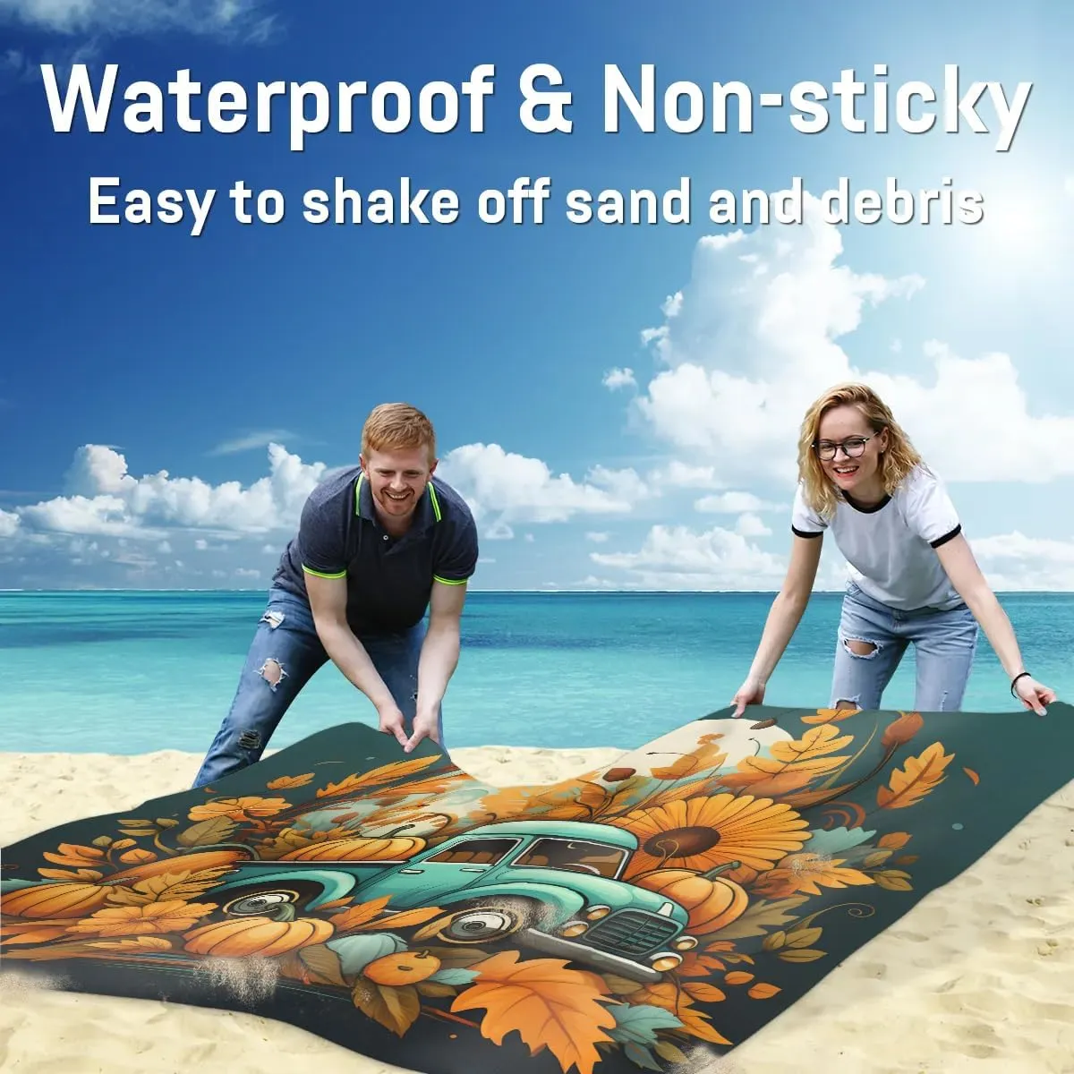Beach Blanket, Thanksgiving Day Sandproof Beach Mat, Waterproof Quick Drying Sand Free Mat with 4 x Ground Spikes for Outdoor Travel Camping Hiking, Fall Pumpkin Truck 68 x 59 in