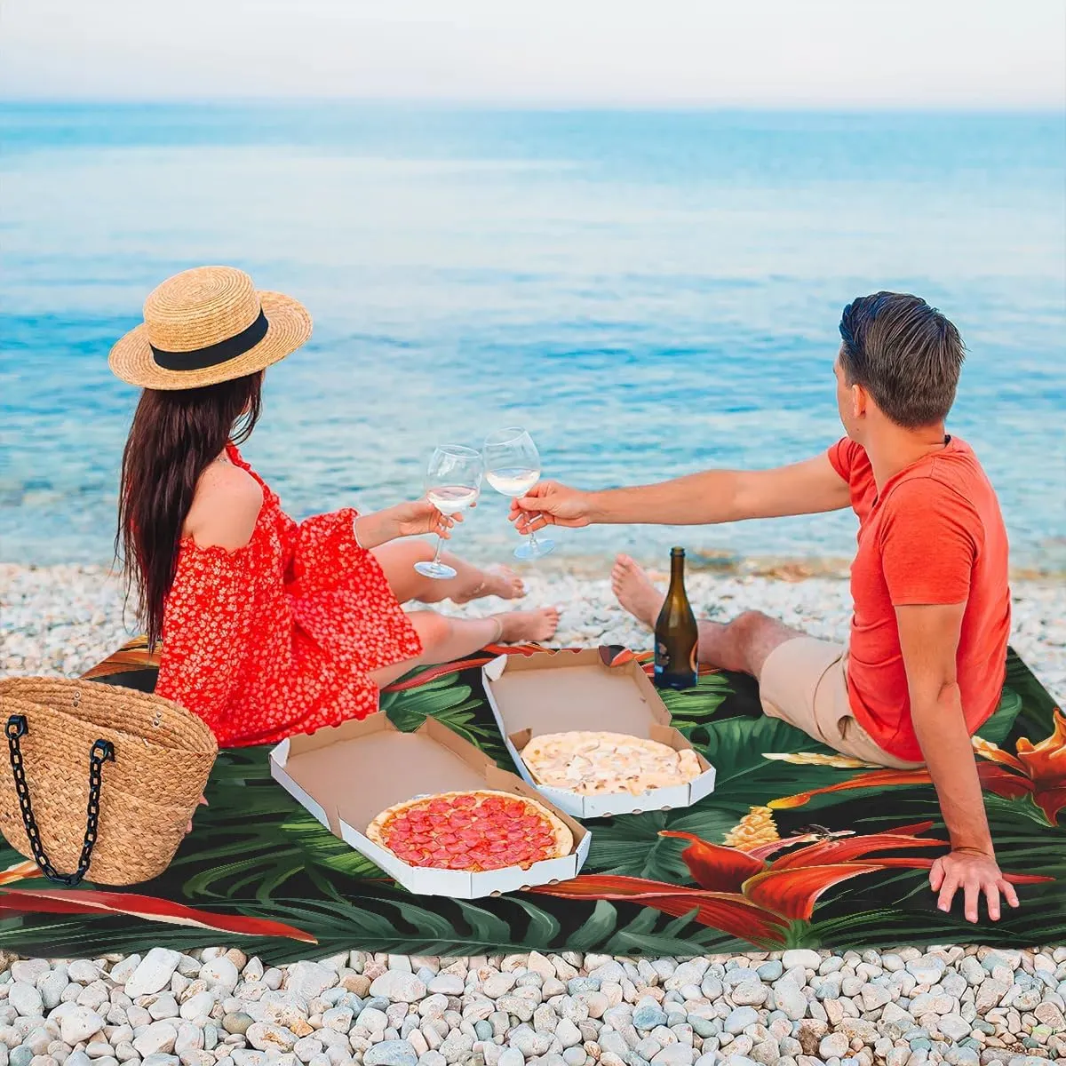 Beach Blanket, Tropical Florals Sandproof Beach Mat, Waterproof Quick Drying Sand Free Mat with 4 x Ground Spikes for Outdoor Travel Camping Hiking, Leaves 68 x 59 in